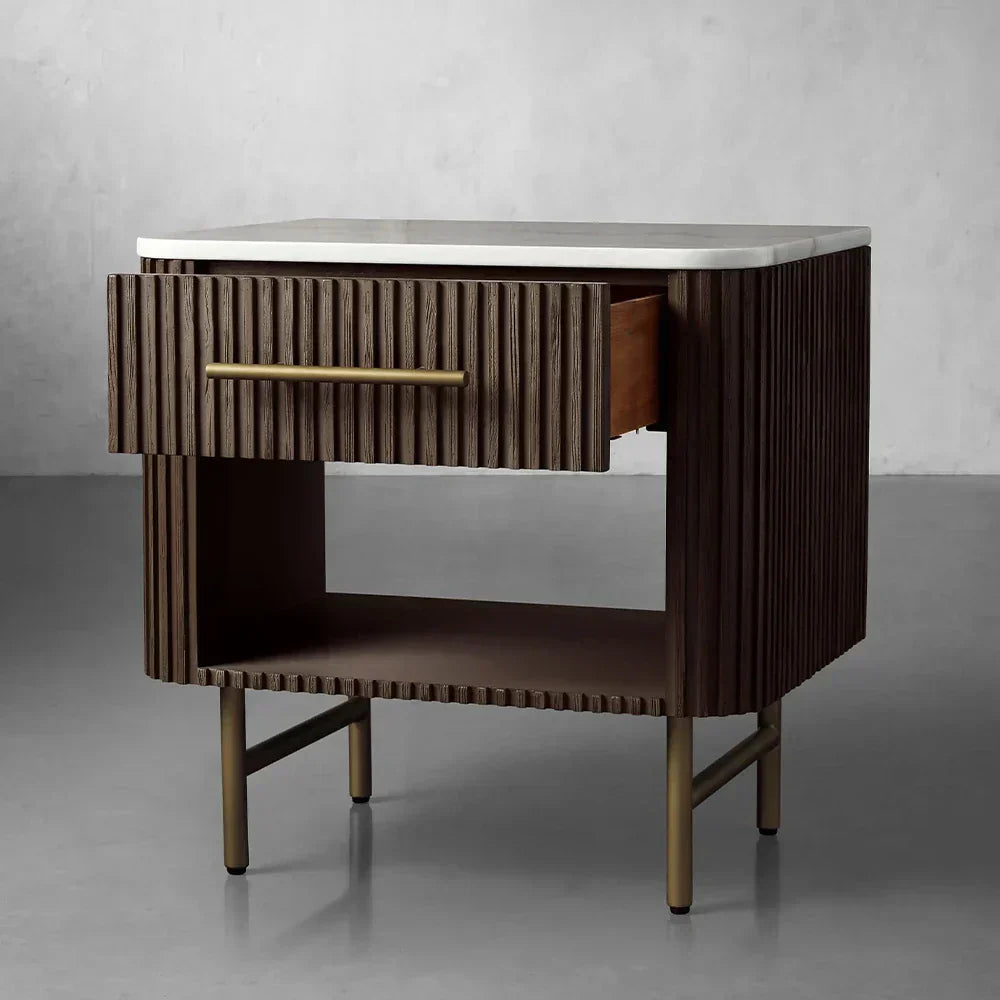 Finnley Open Nightstand Natural Stone Top Bedside Table Wood Bedroom Cabinet