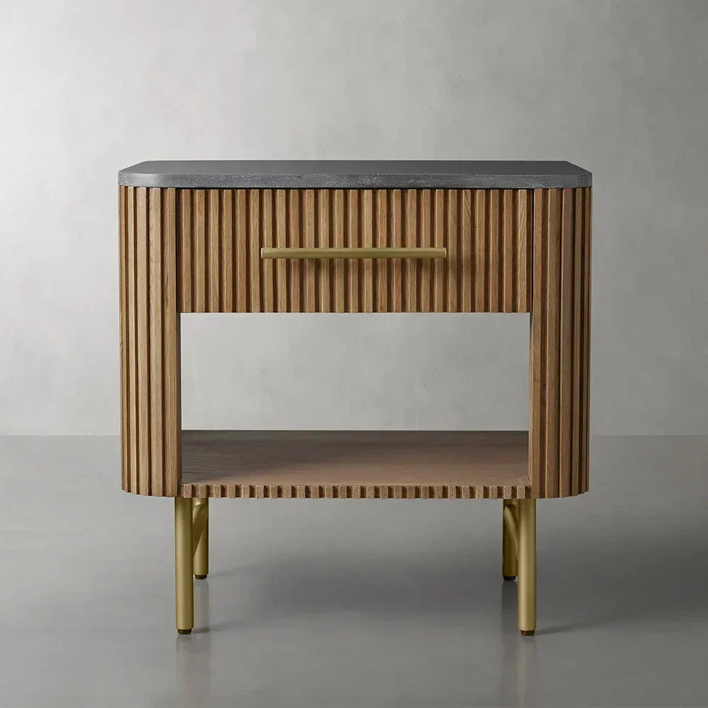 Finnley Open Nightstand Natural Stone Top Bedside Table Wood Bedroom Cabinet