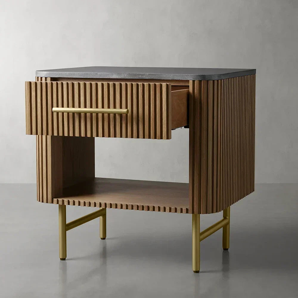 Finnley Open Nightstand Natural Stone Top Bedside Table Wood Bedroom Cabinet