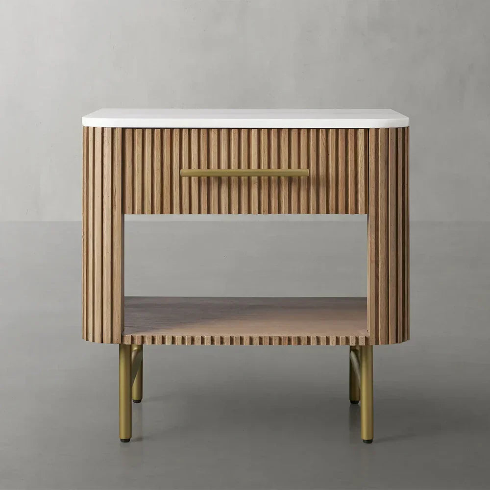 Finnley Open Nightstand Natural Stone Top Bedside Table Wood Bedroom Cabinet