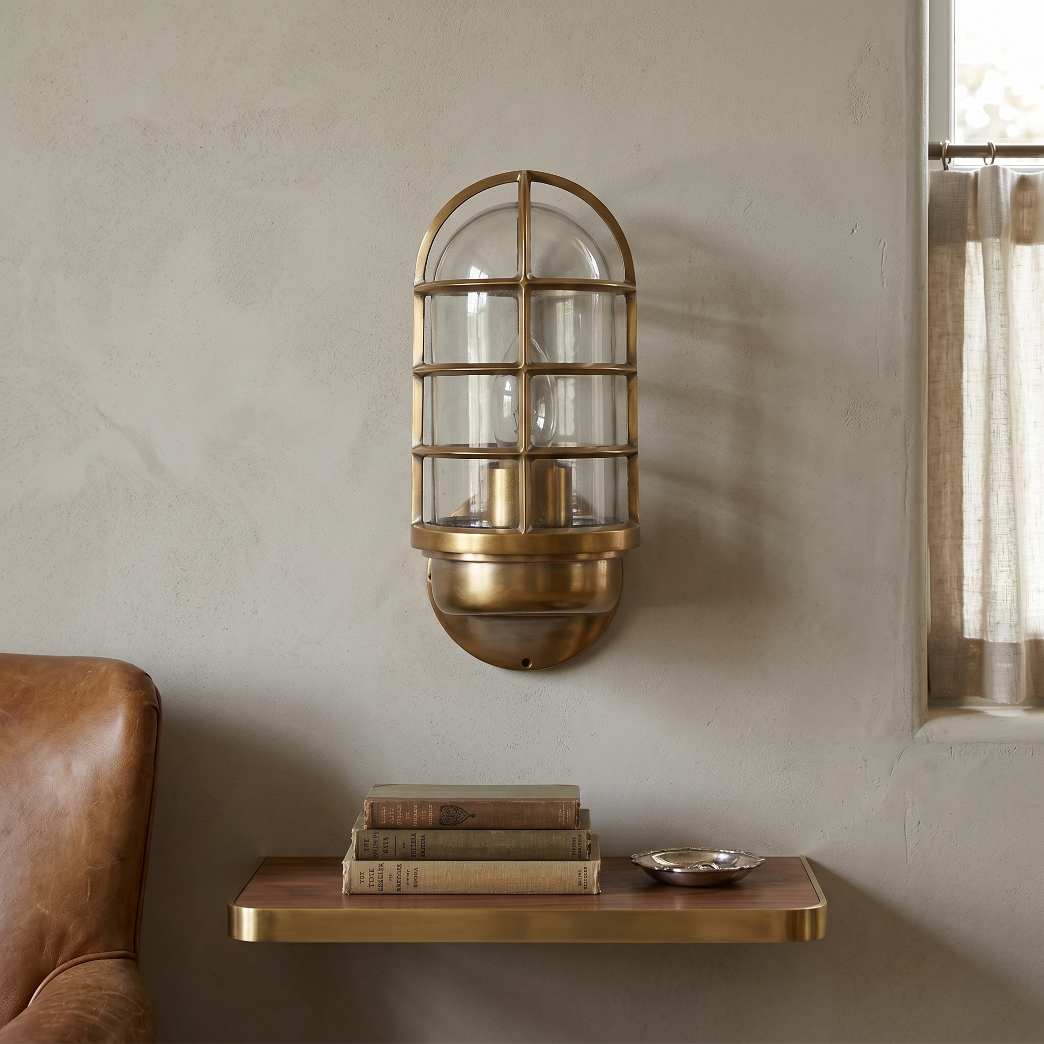 Brass Industrial Caged Glass Wall Sconce