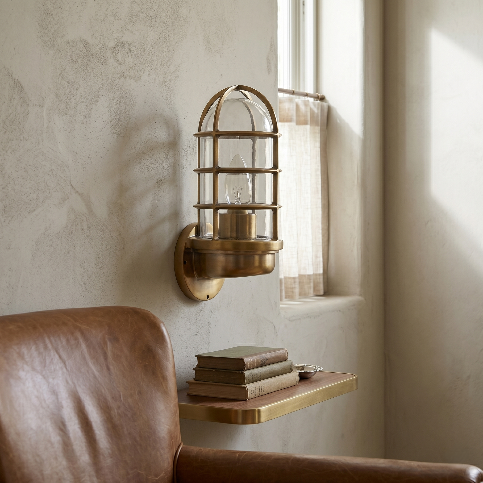 Brass Industrial Caged Glass Wall Sconce