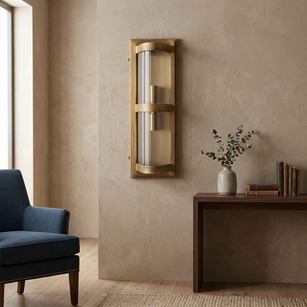 Curved Glass Industrial Wall Sconce with Brass Finish
