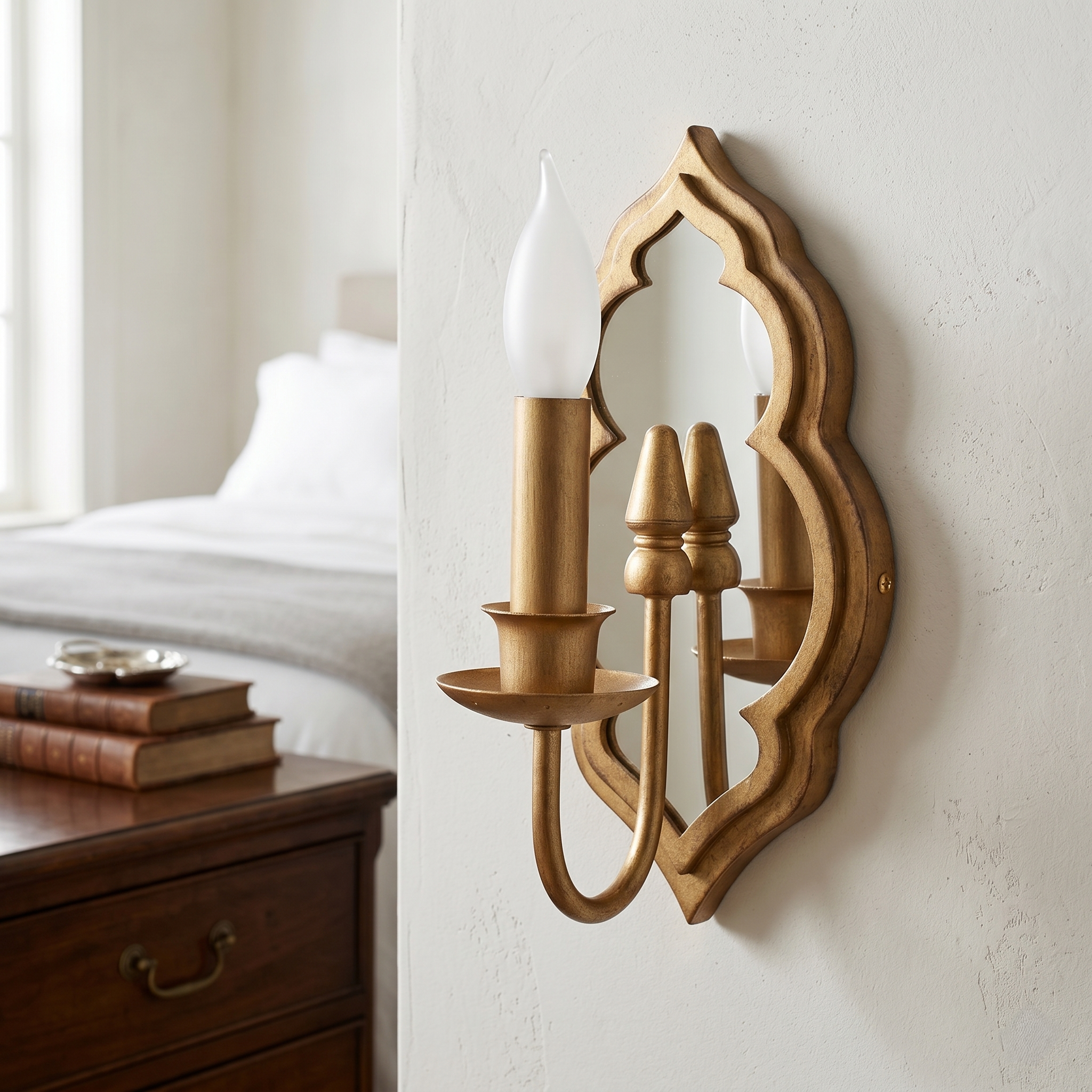 Arabesque Mirrored Candle Wall Sconce - Single-Light Patina Gold Fixture