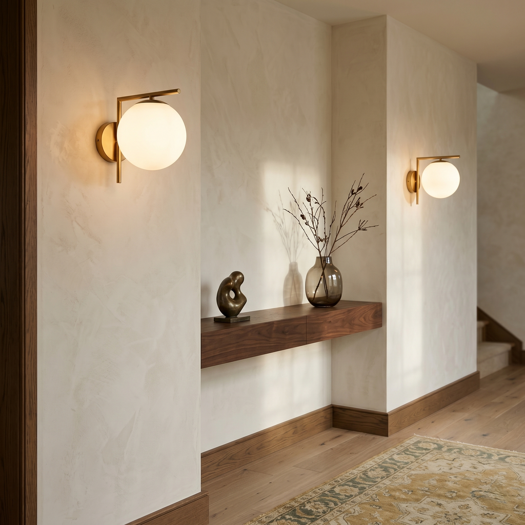 Theo Globe Wall Sconce - Brass Finish with Frosted Milk Glass Shade