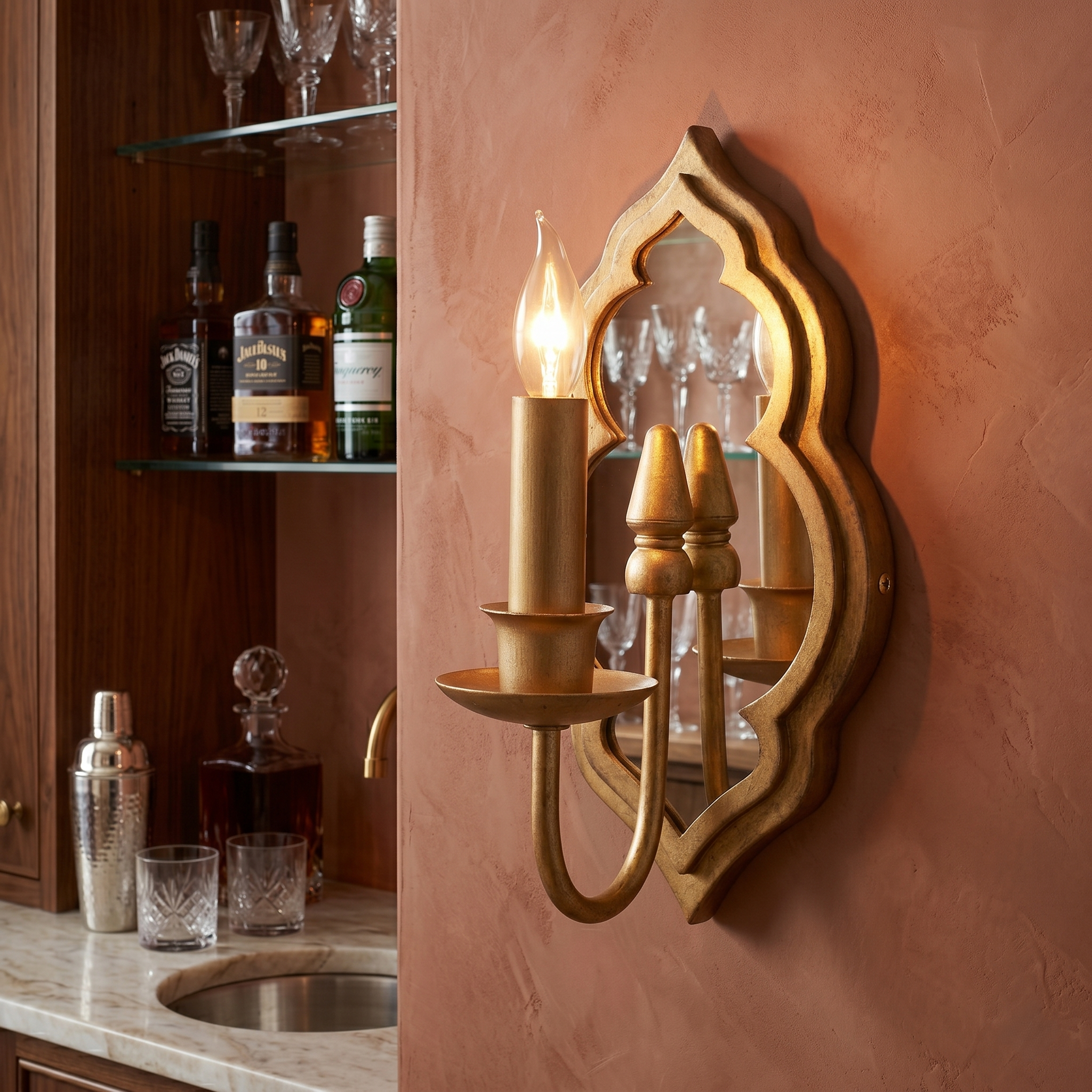 Arabesque Mirrored Candle Wall Sconce - Single-Light Patina Gold Fixture