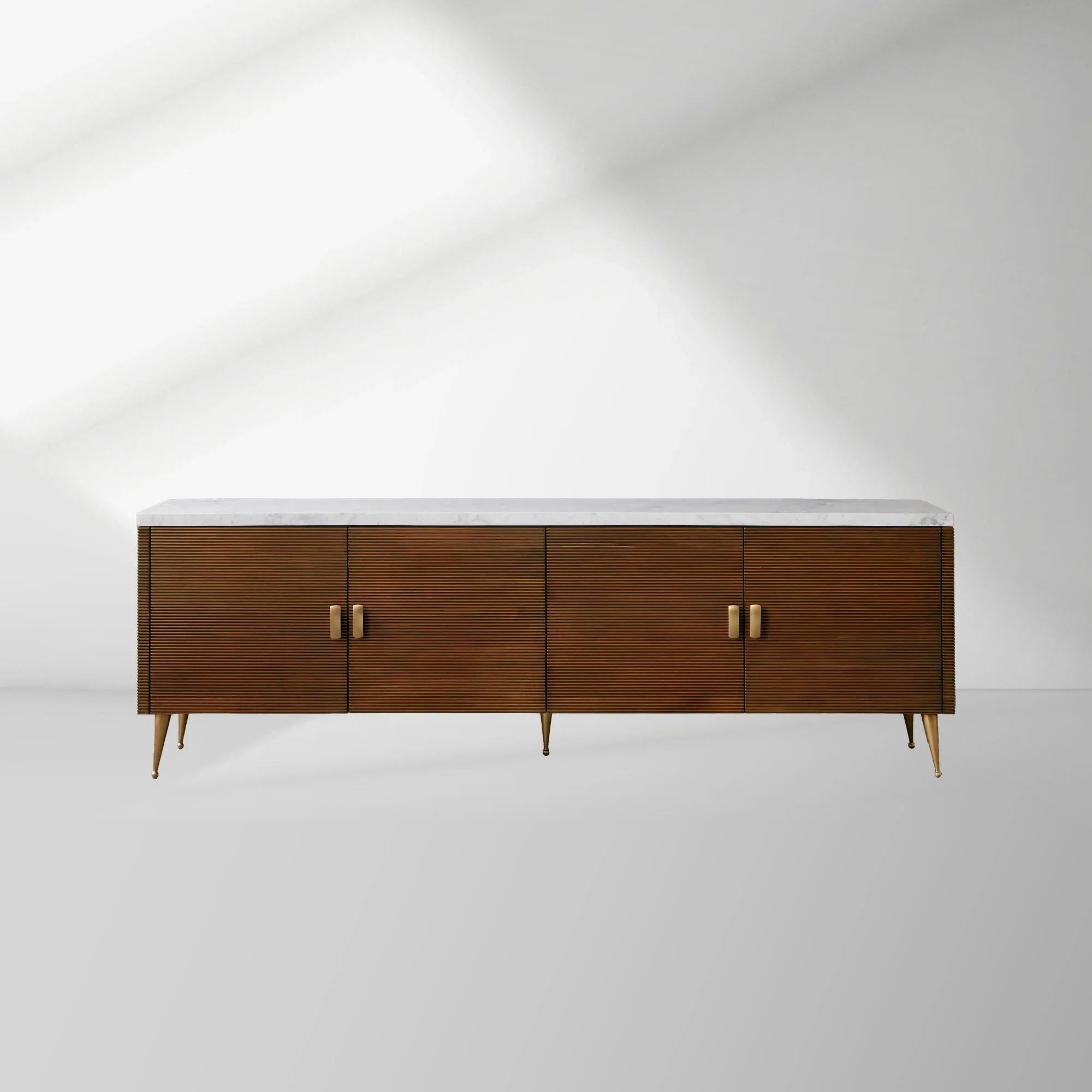 Giselle Media Console in Mahogany with Marble Top and Reeded Doors