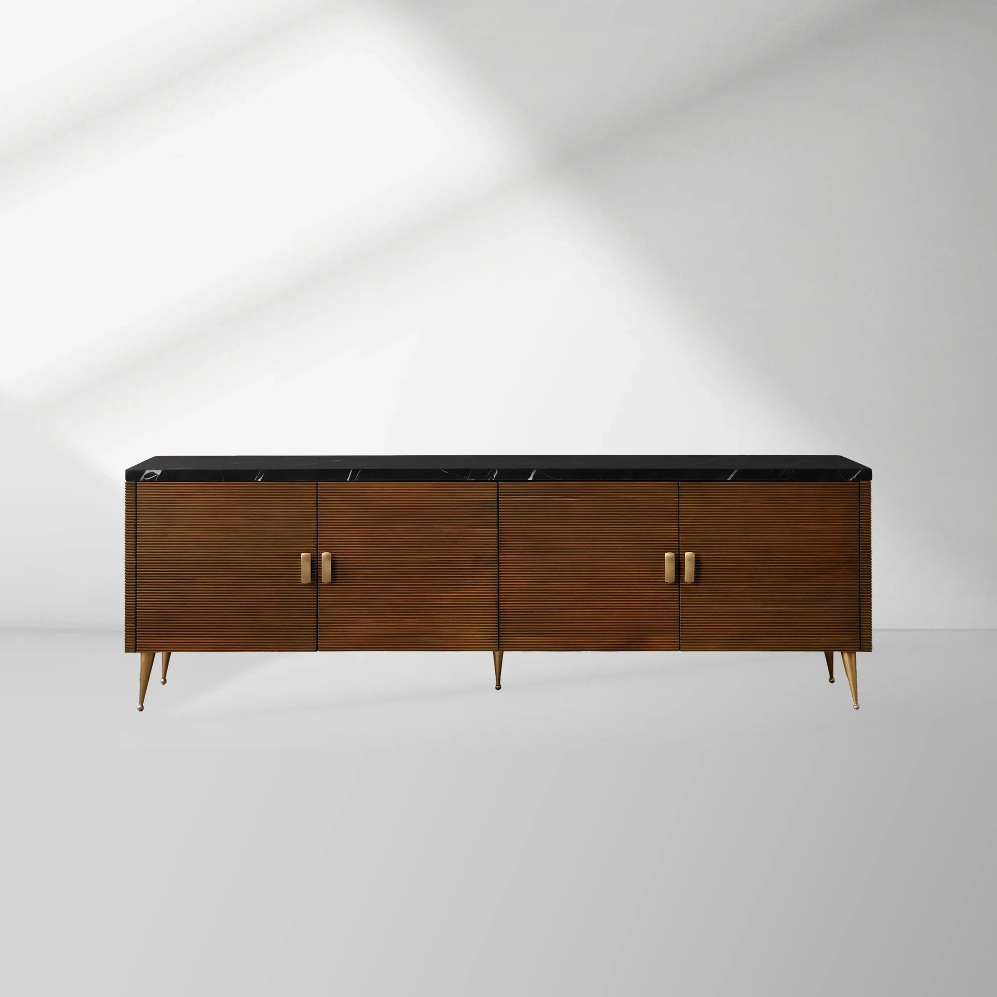 Giselle Media Console in Mahogany with Marble Top and Reeded Doors