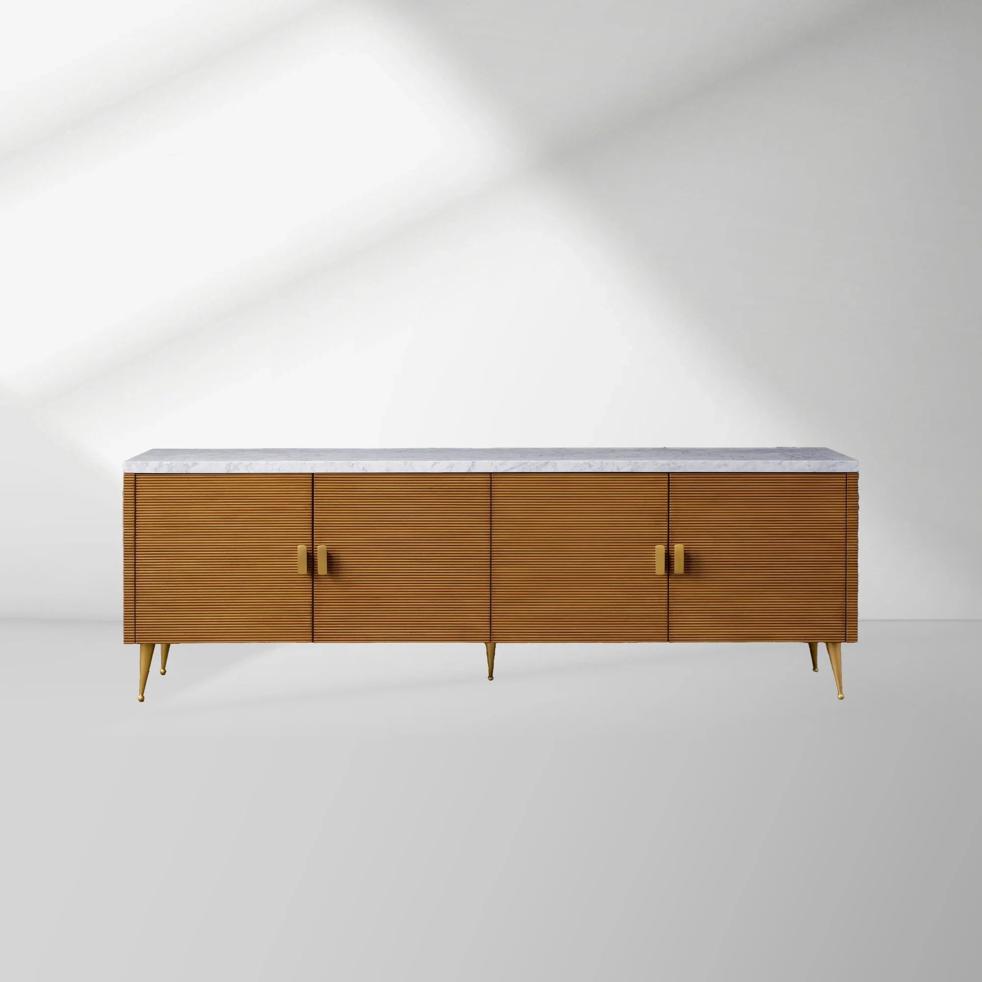 Giselle Media Console in Mahogany with Marble Top and Reeded Doors