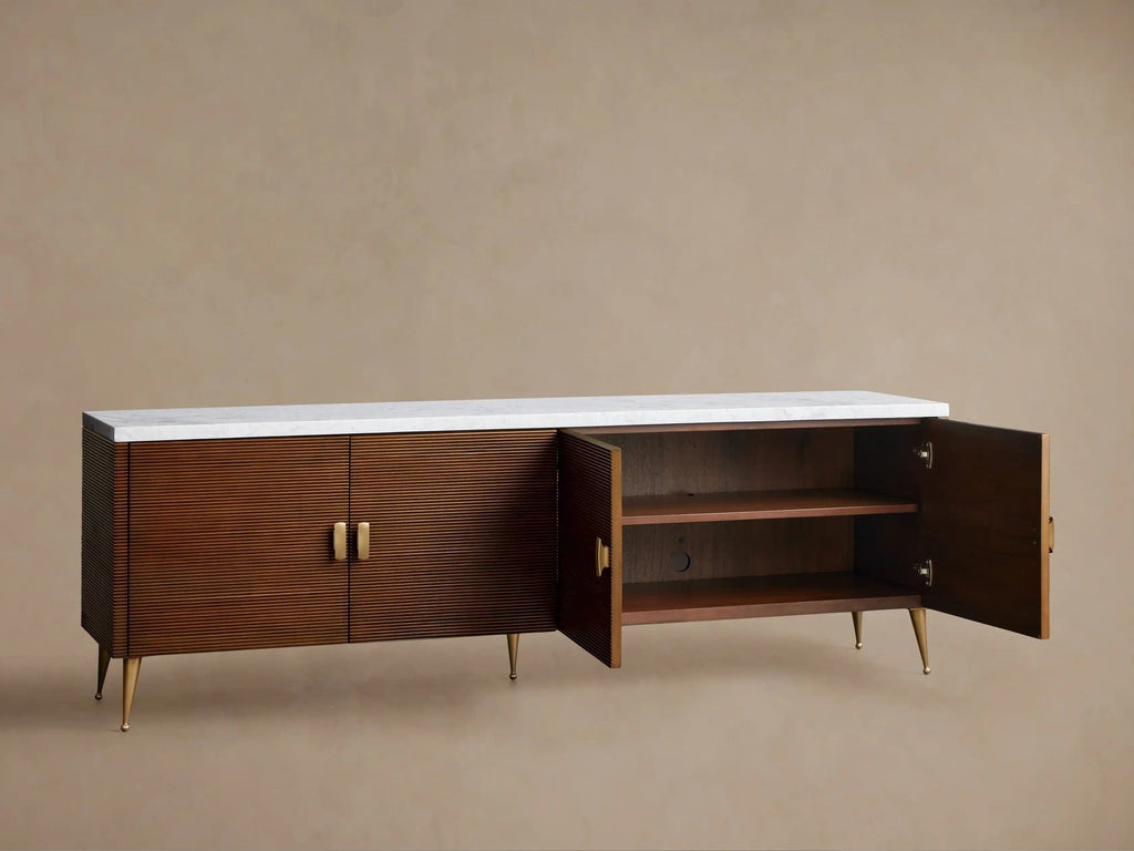 Giselle Media Console in Mahogany with Marble Top and Reeded Doors