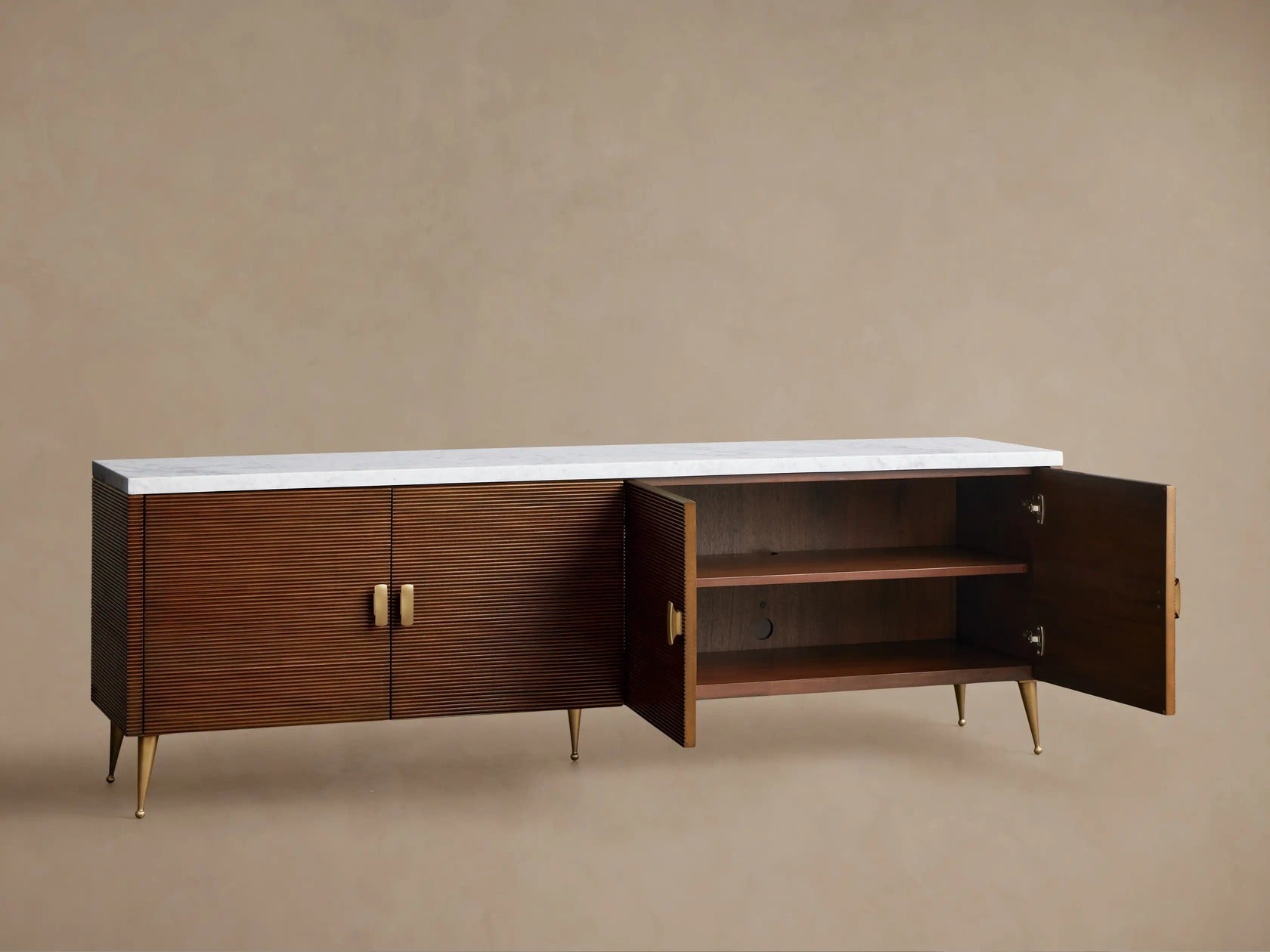 Giselle Media Console in Mahogany with Marble Top and Reeded Doors