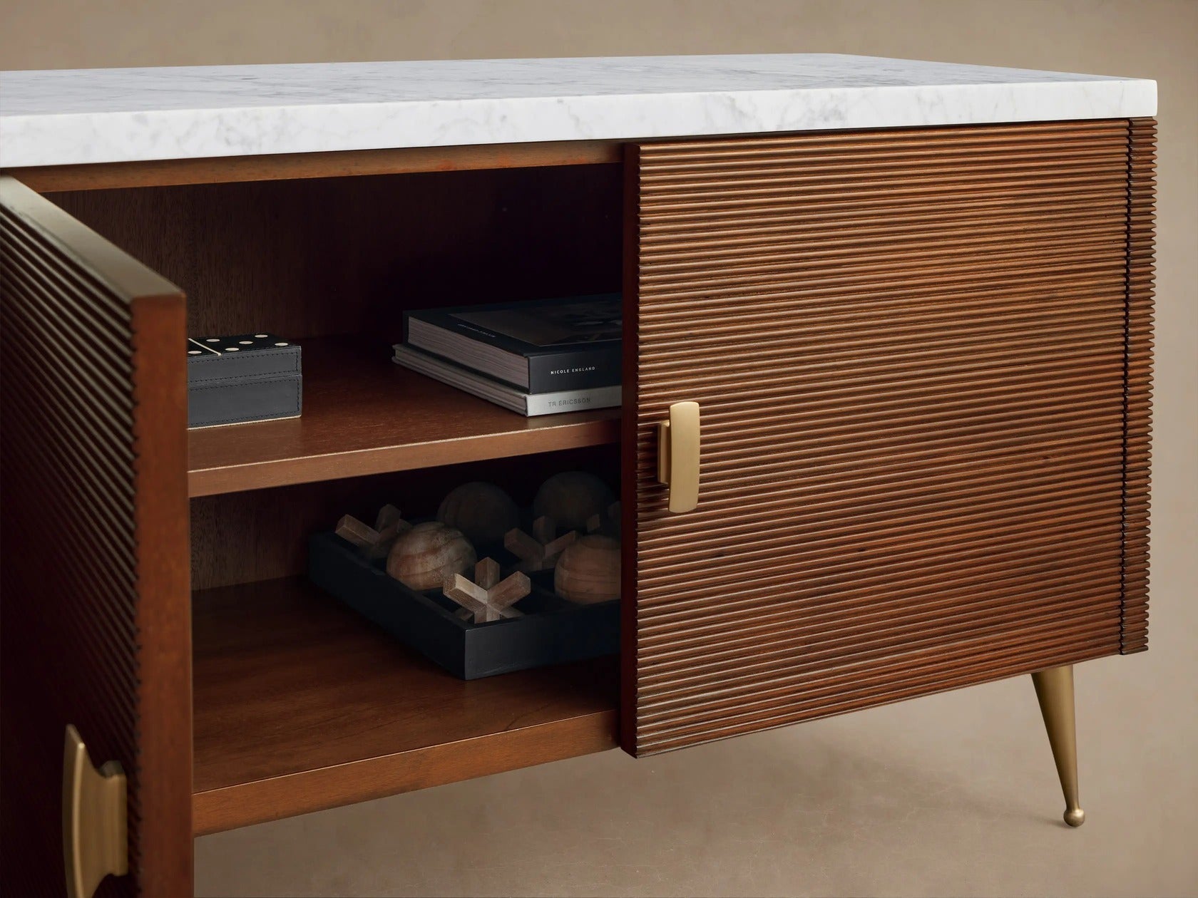 Giselle Media Console in Mahogany with Marble Top and Reeded Doors