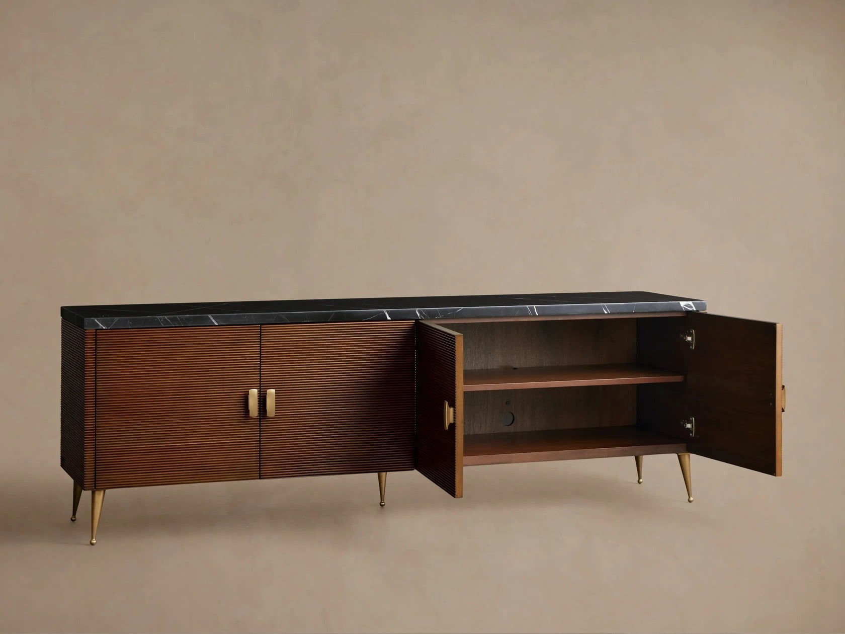 Giselle Media Console in Mahogany with Marble Top and Reeded Doors