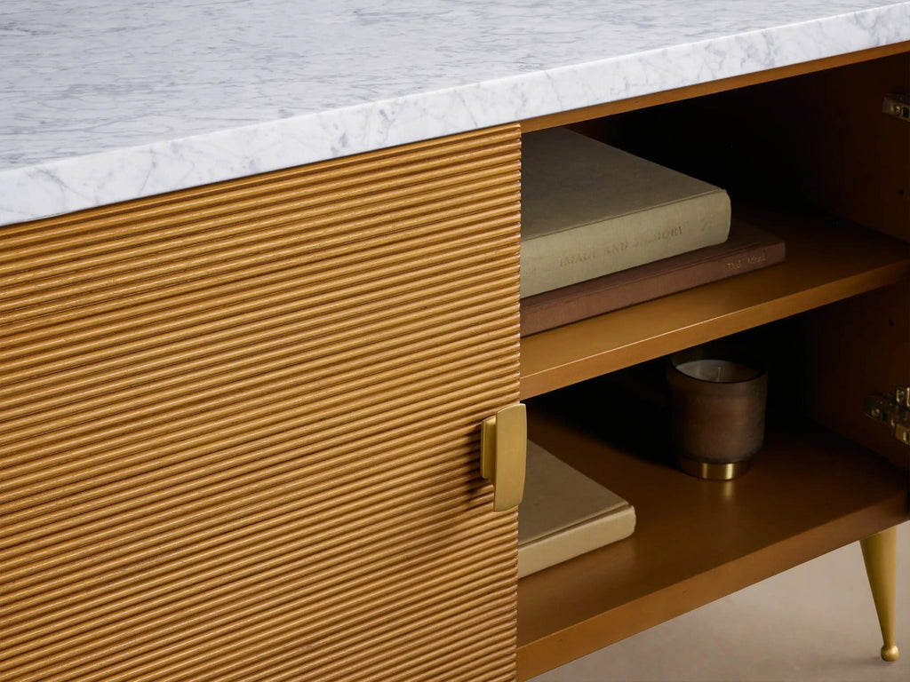 Giselle Media Console in Mahogany with Marble Top and Reeded Doors