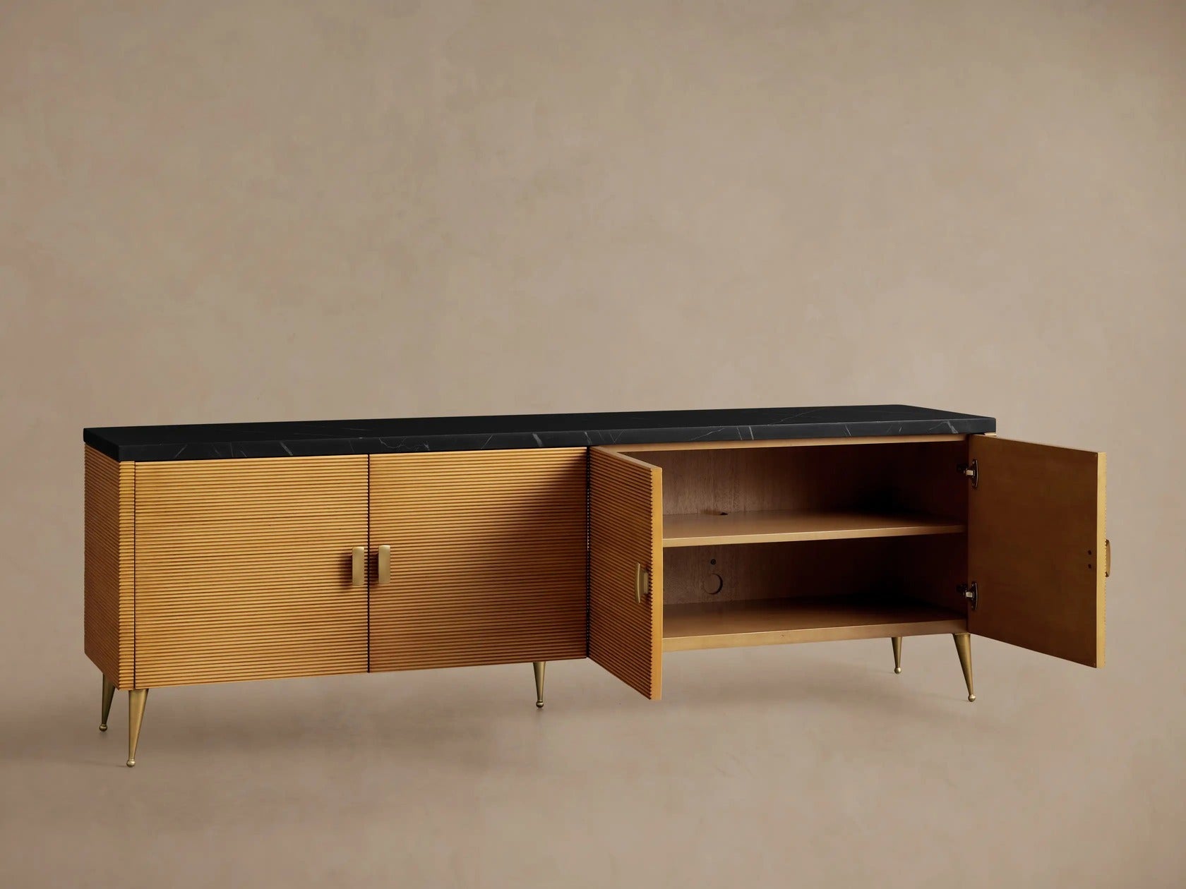 Giselle Media Console in Mahogany with Marble Top and Reeded Doors