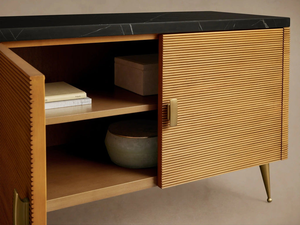Giselle Media Console in Mahogany with Marble Top and Reeded Doors