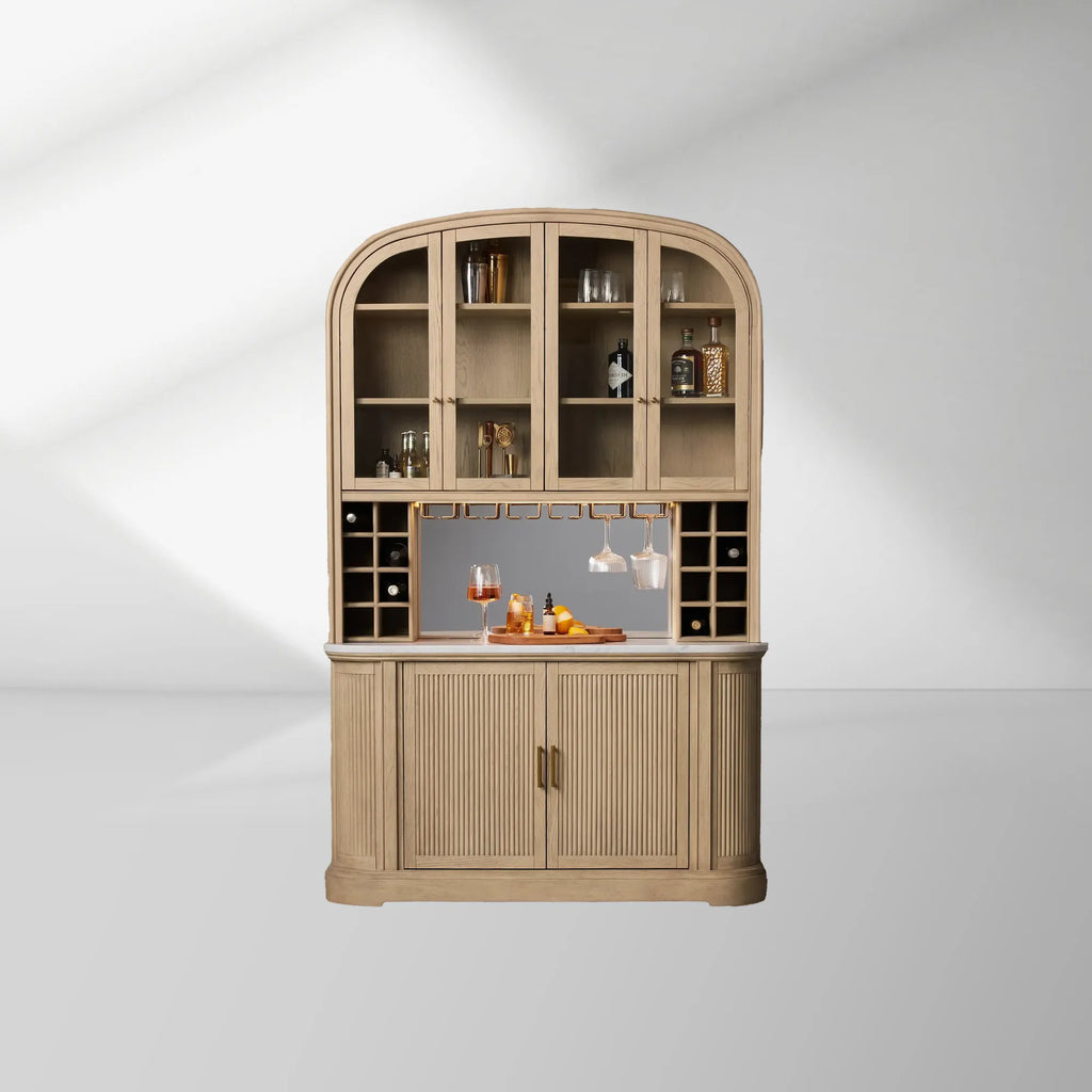 Coventry Bar Cabinet with Carrara Marble Top Glass Display Doors and Wine Storage