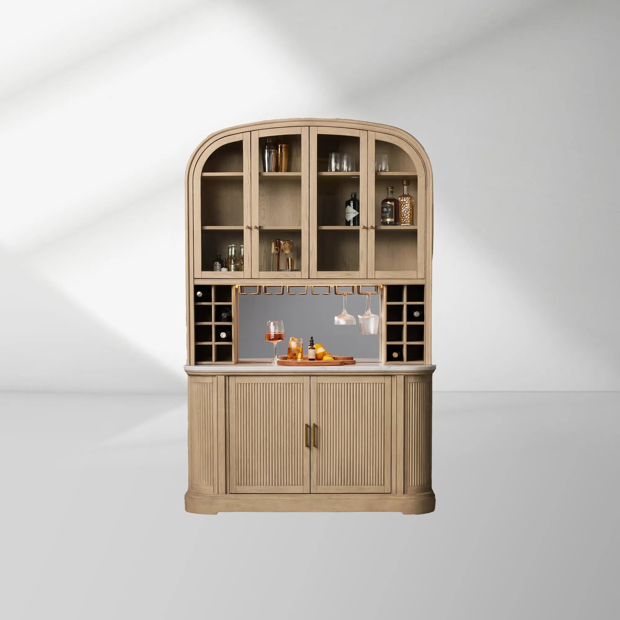 Coventry Bar Cabinet with Carrara Marble Top Glass Display Doors and Wine Storage