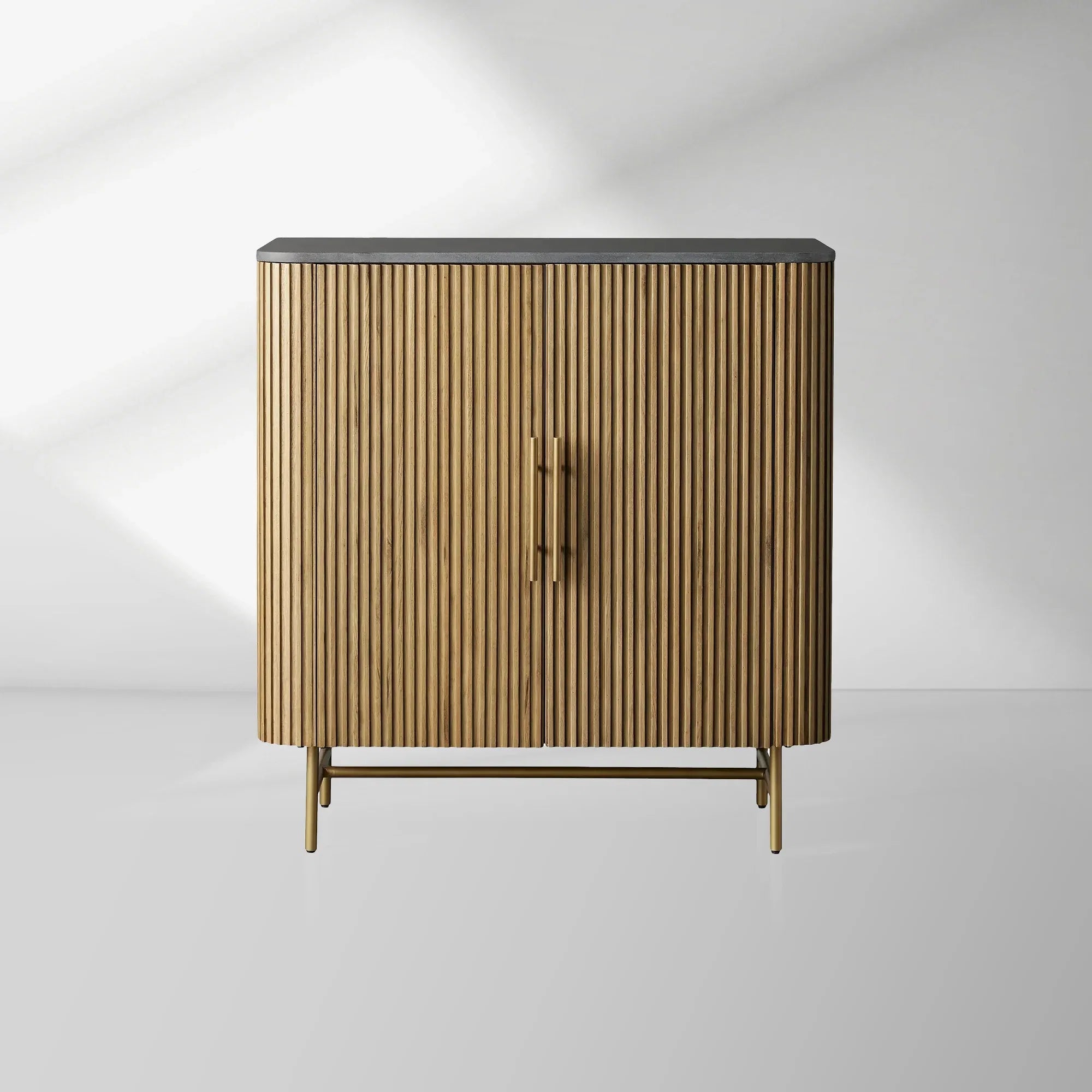 Finnley Bar Cabinet in Oak with Stone Top and Wine Storage
