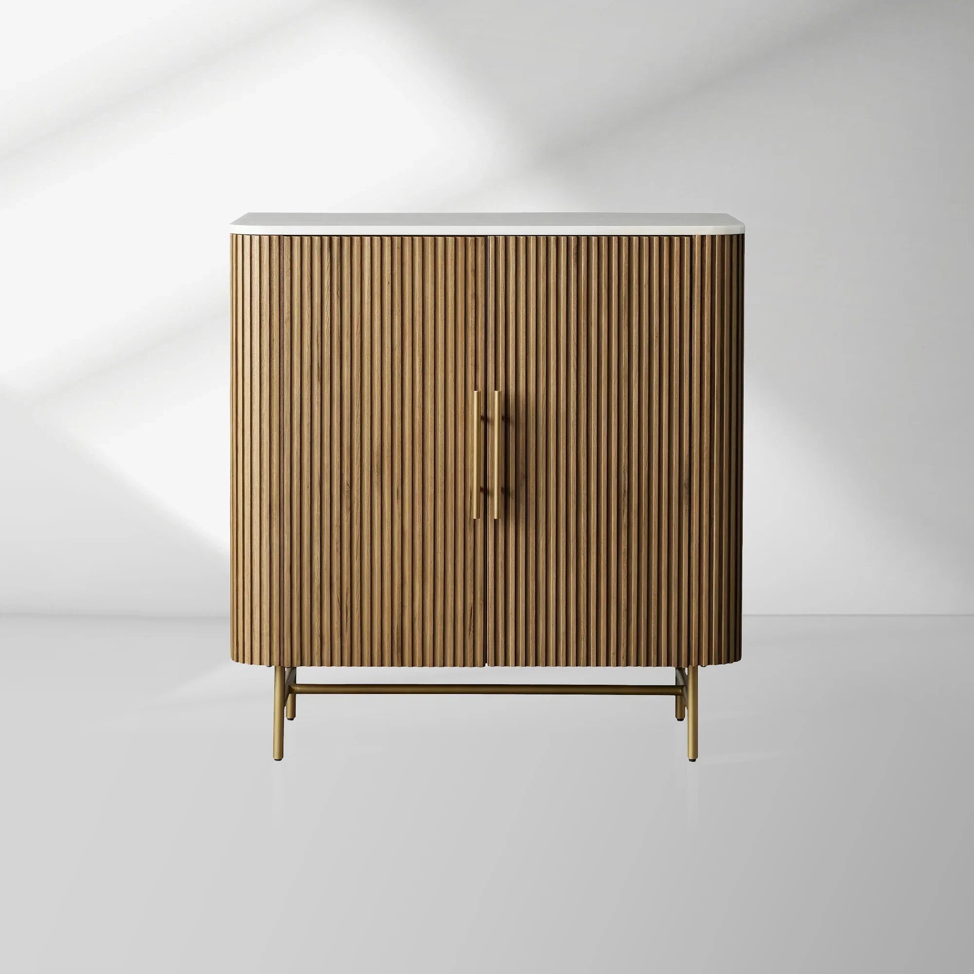 Finnley Bar Cabinet in Oak with Stone Top and Wine Storage