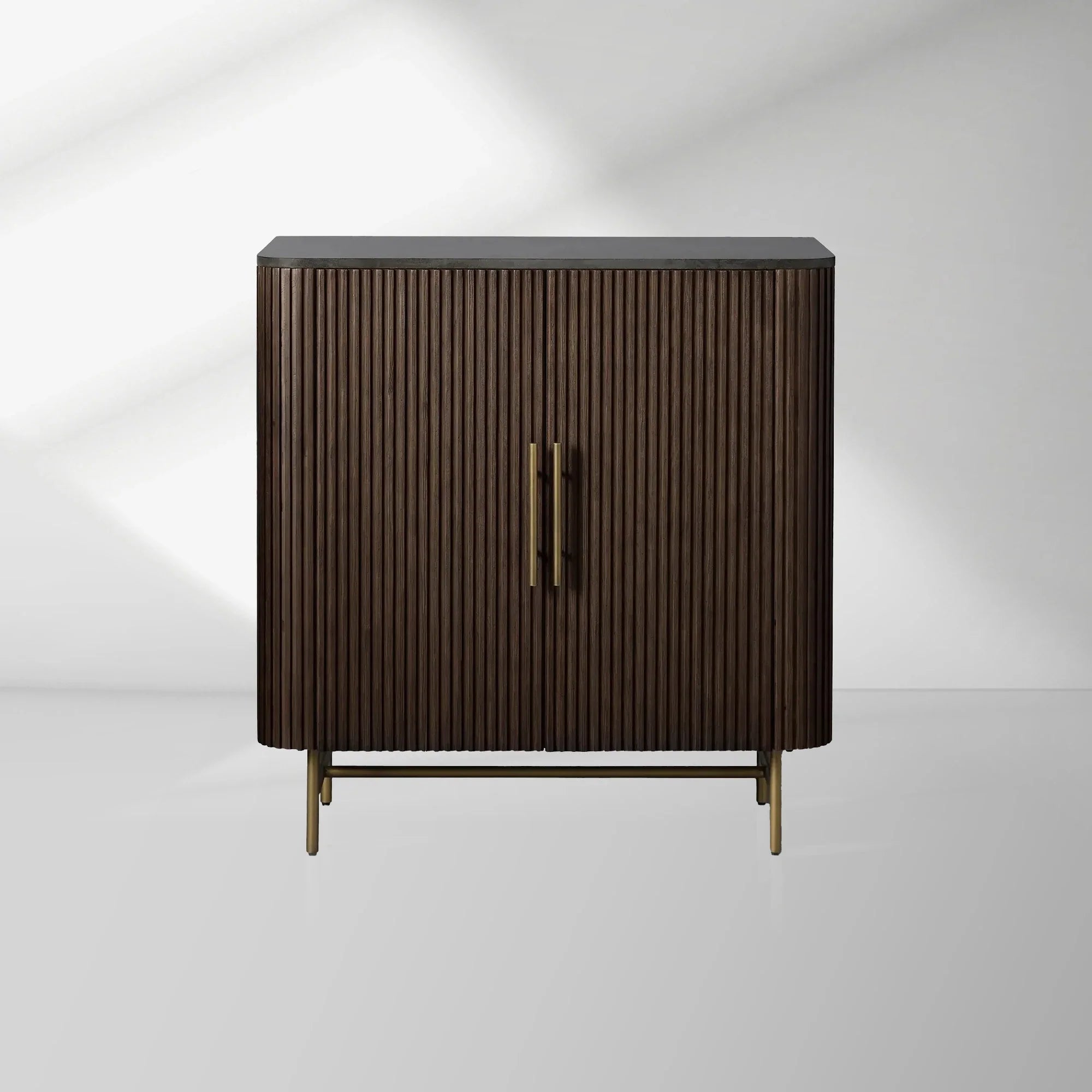 Finnley Bar Cabinet in Oak with Stone Top and Wine Storage