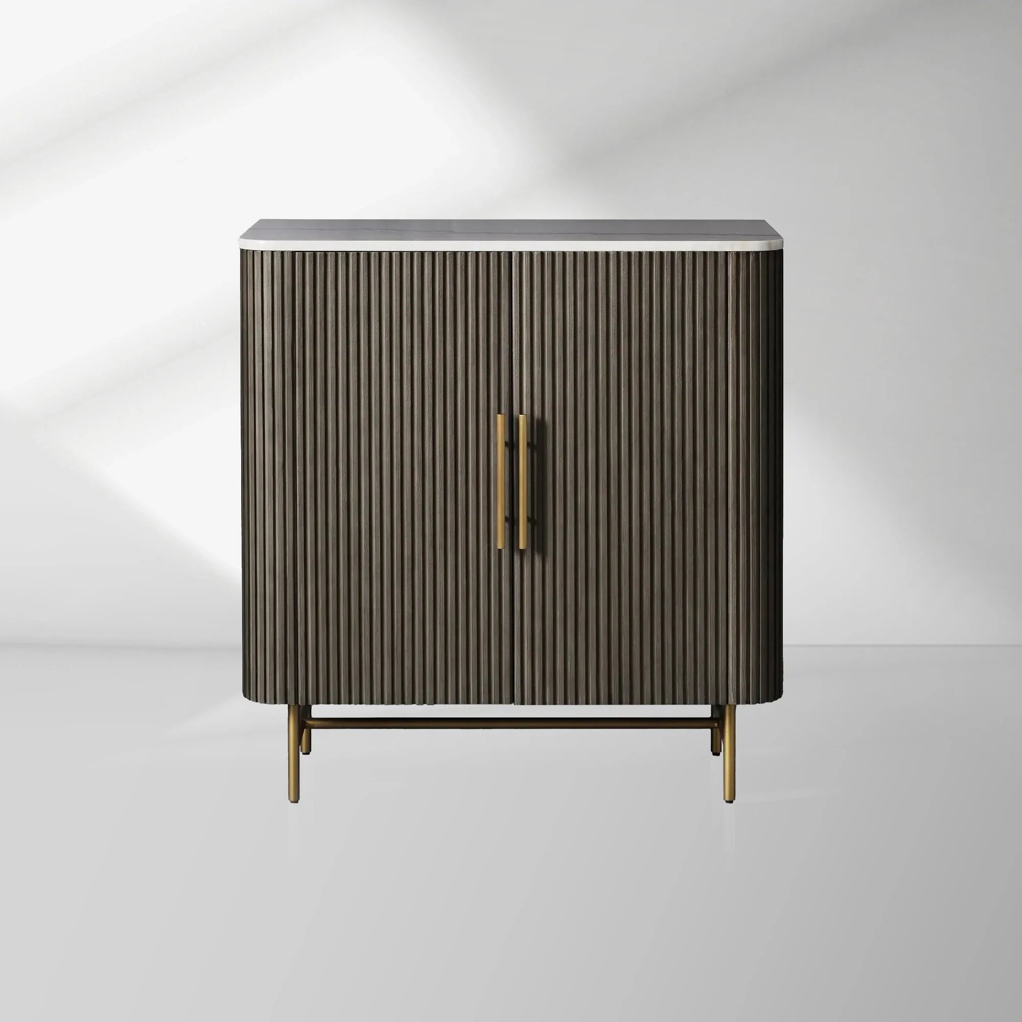 Finnley Bar Cabinet in Oak with Stone Top and Wine Storage