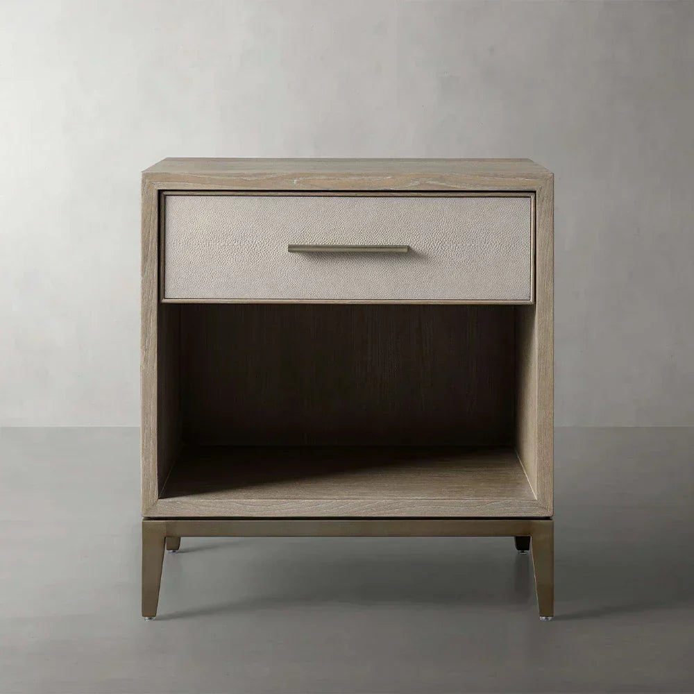 Malone Solid Wood Open Nightstand Shagreen Leather Bedside table With Drawers