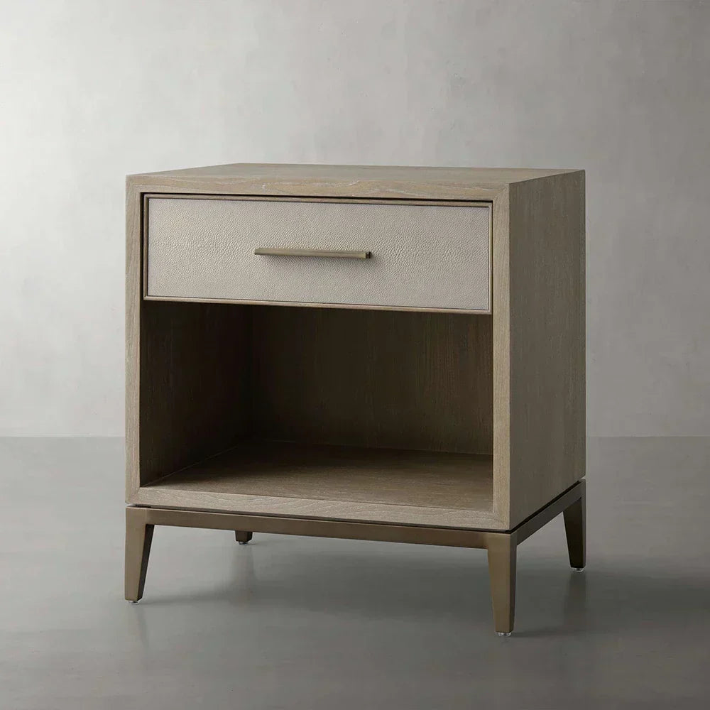 Malone Solid Wood Open Nightstand Shagreen Leather Bedside table With Drawers