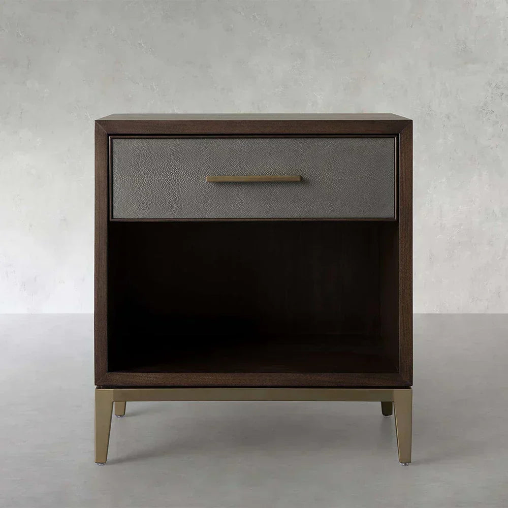 Malone Solid Wood Open Nightstand Shagreen Leather Bedside table With Drawers