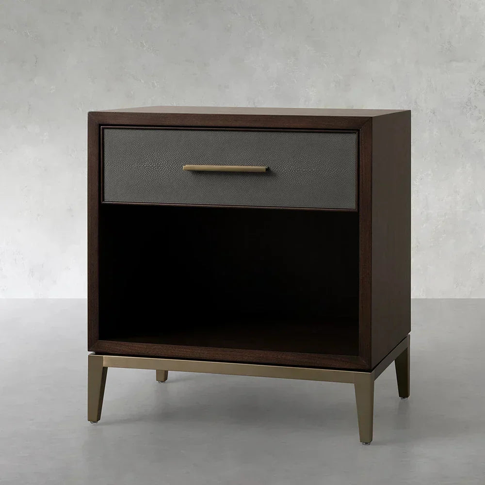 Malone Solid Wood Open Nightstand Shagreen Leather Bedside table With Drawers