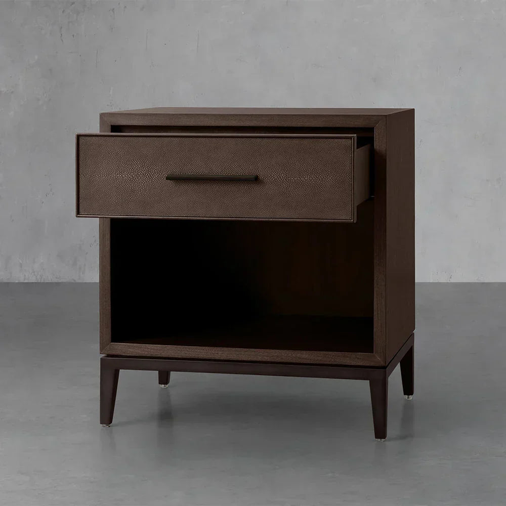 Malone Solid Wood Open Nightstand Shagreen Leather Bedside table With Drawers