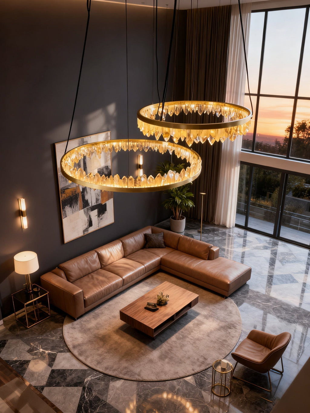 36 Inch Round Modern Chandelier Brass & Clear Geode Quartz Crystal Hanging Light