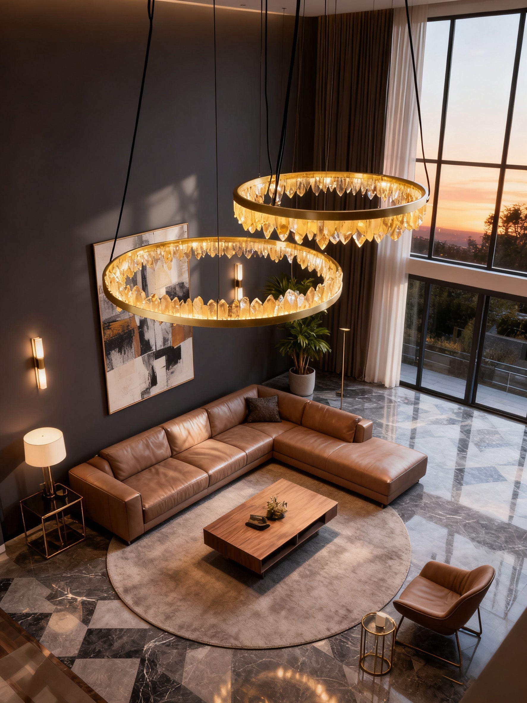 36 Inch Round Modern Chandelier Brass & Clear Geode Quartz Crystal Hanging Light