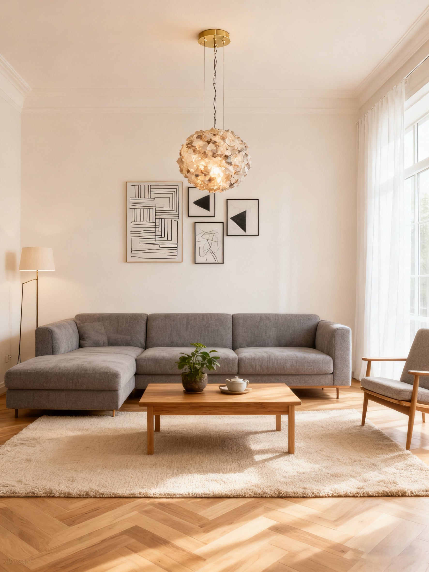 Modern Clear & Smoky Rock Crystal Ball Pendant Light