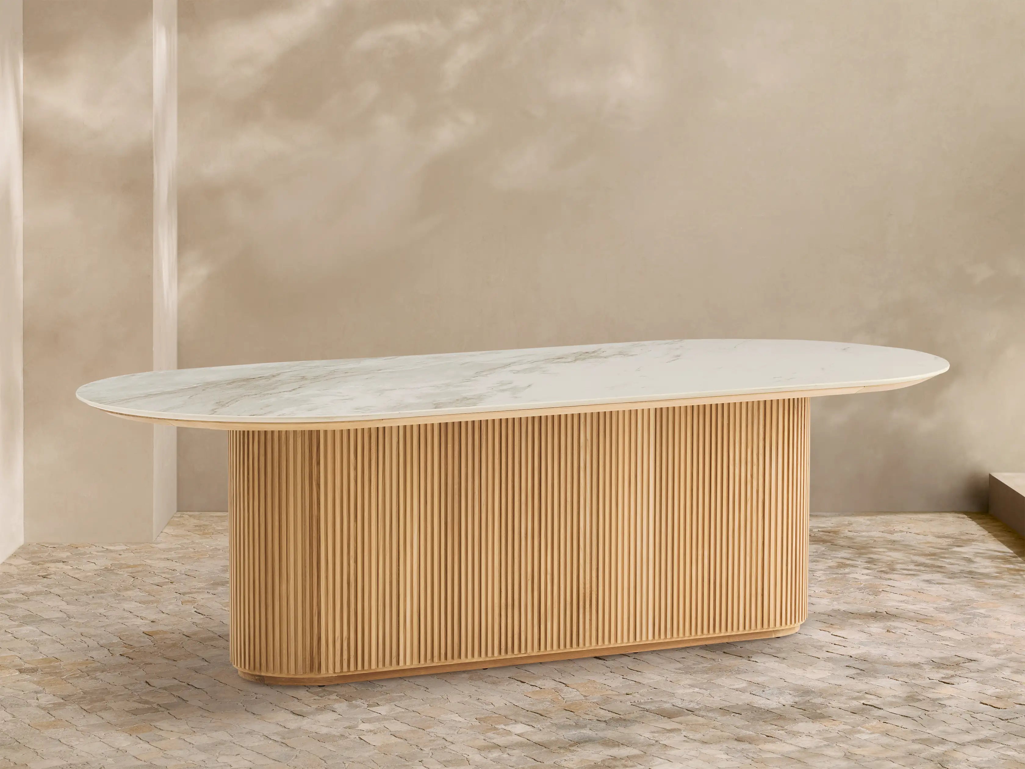 Beaumont Oval Stone Top Outdoor Teak Dining Table in Natural
