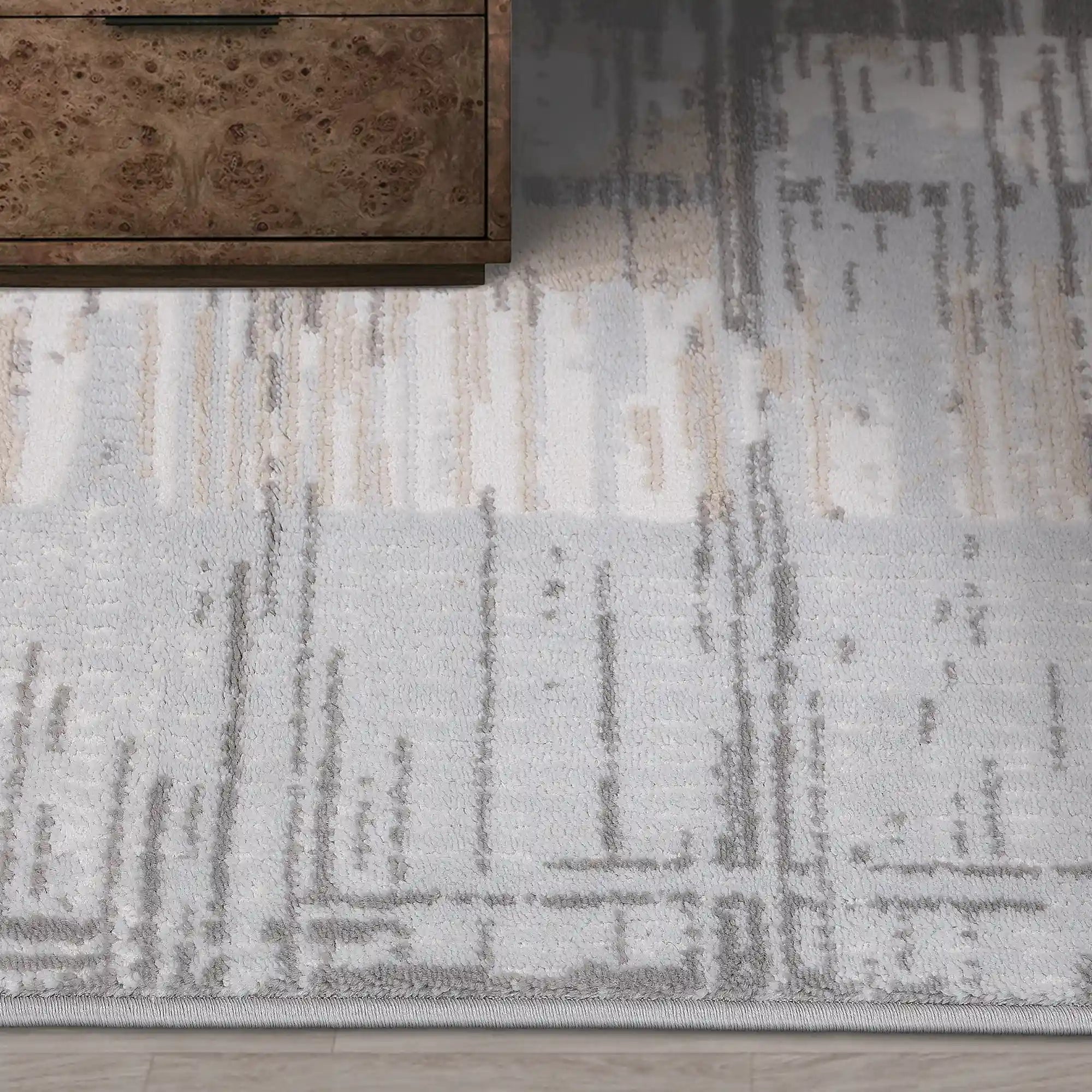Puxina Layered Grid Abstract Neutral Area Rug with Minimalist Modern Wabi-Sabi Style Carpet Misty Grid Style