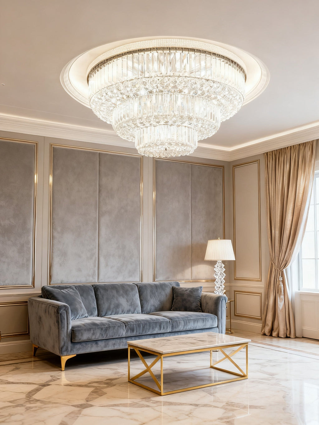 39 Inch Round Crystal Ceiling Light Tiered Flush Mounted Chandelier for Low Ceiling Room