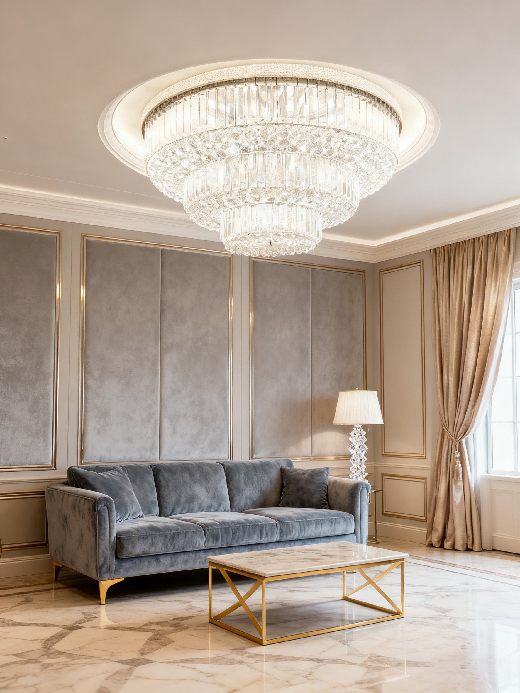 39 Inch Round Crystal Ceiling Light Tiered Flush Mounted Chandelier for Low Ceiling Room