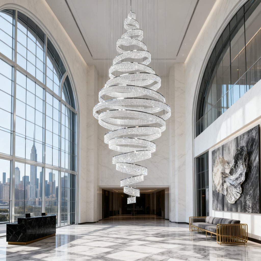 17 Crystal Rings Pendant Light 71X216 Inch Spiral Staircase Chandelier for High Ceilings