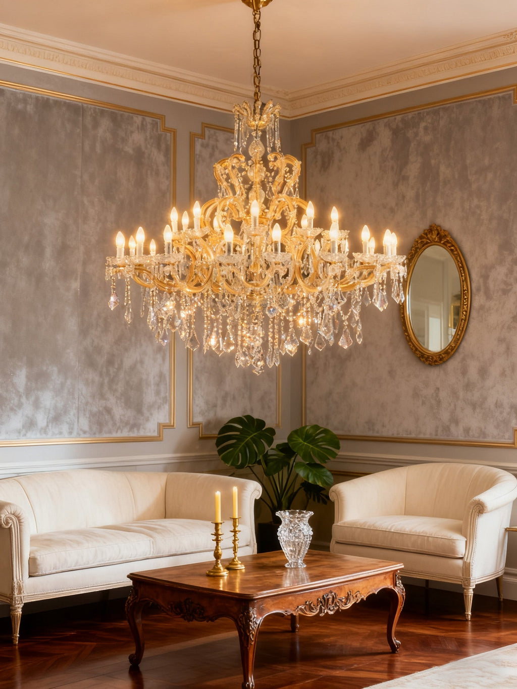 57X53 Inch Two Tiers Candle Style Crystal Chandelier 30 Lights Gold Maria Theresa Chandelier for Dining Room