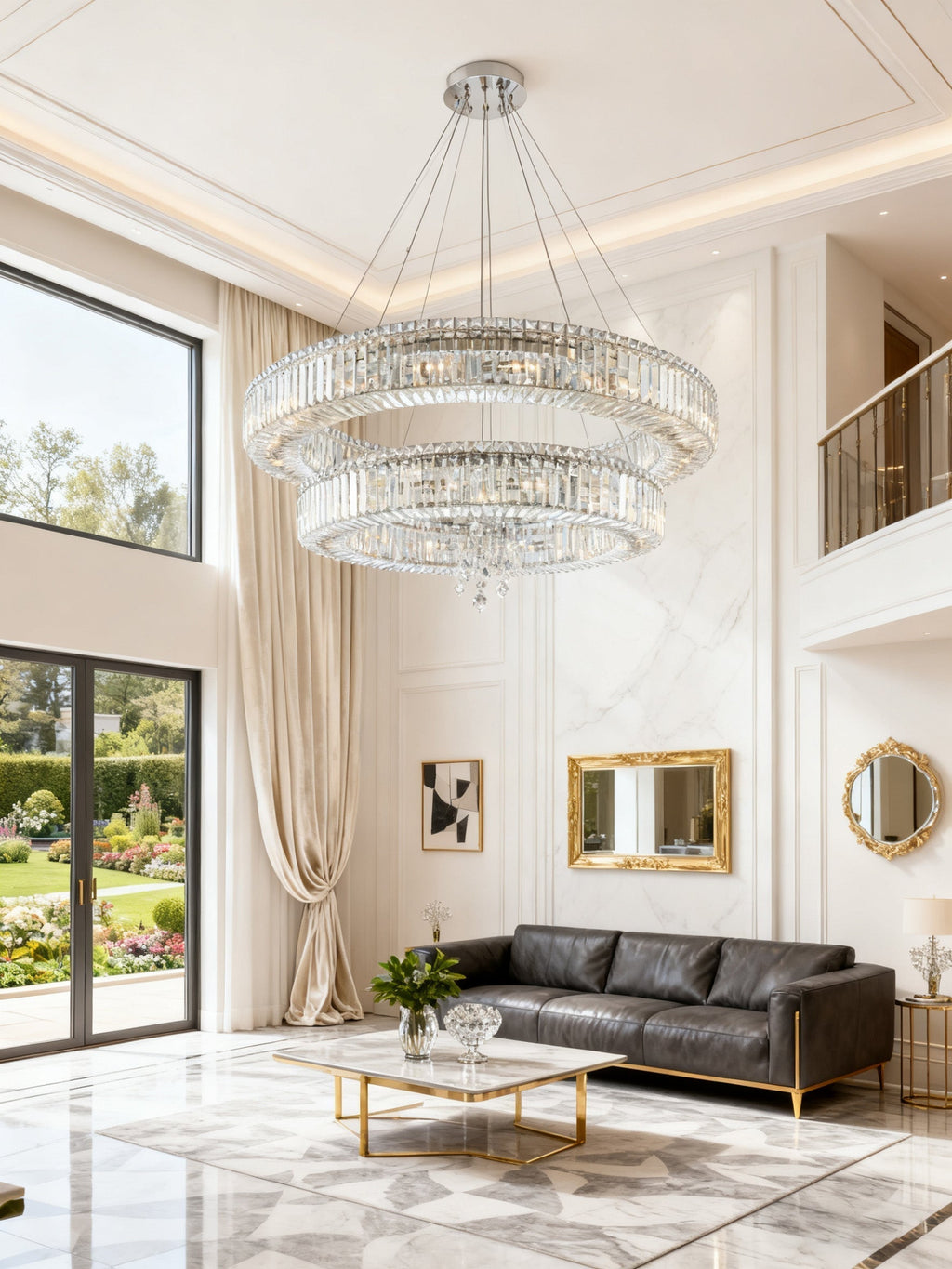 (36+47) Inch Two Rings Crystal Chandelier Modern Living Room Chandelier