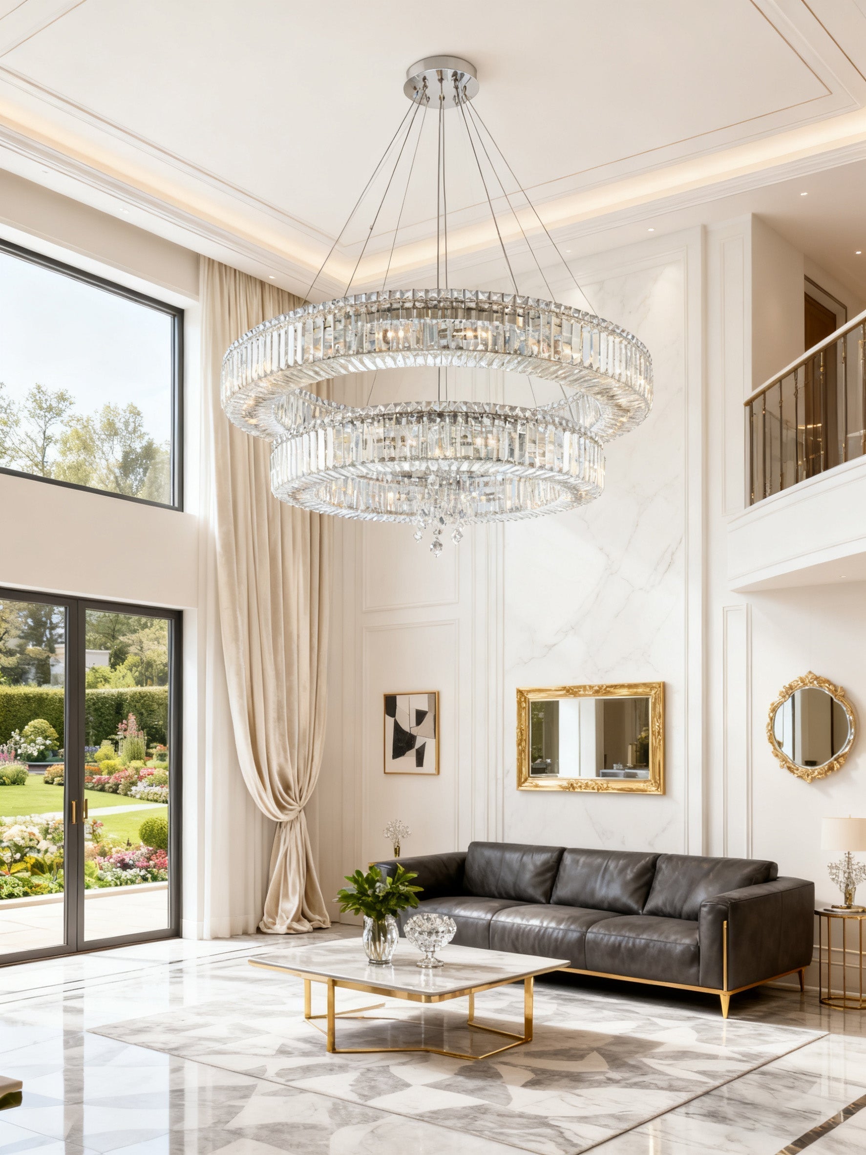 (36+47) Inch Two Rings Crystal Chandelier Modern Living Room Chandelier