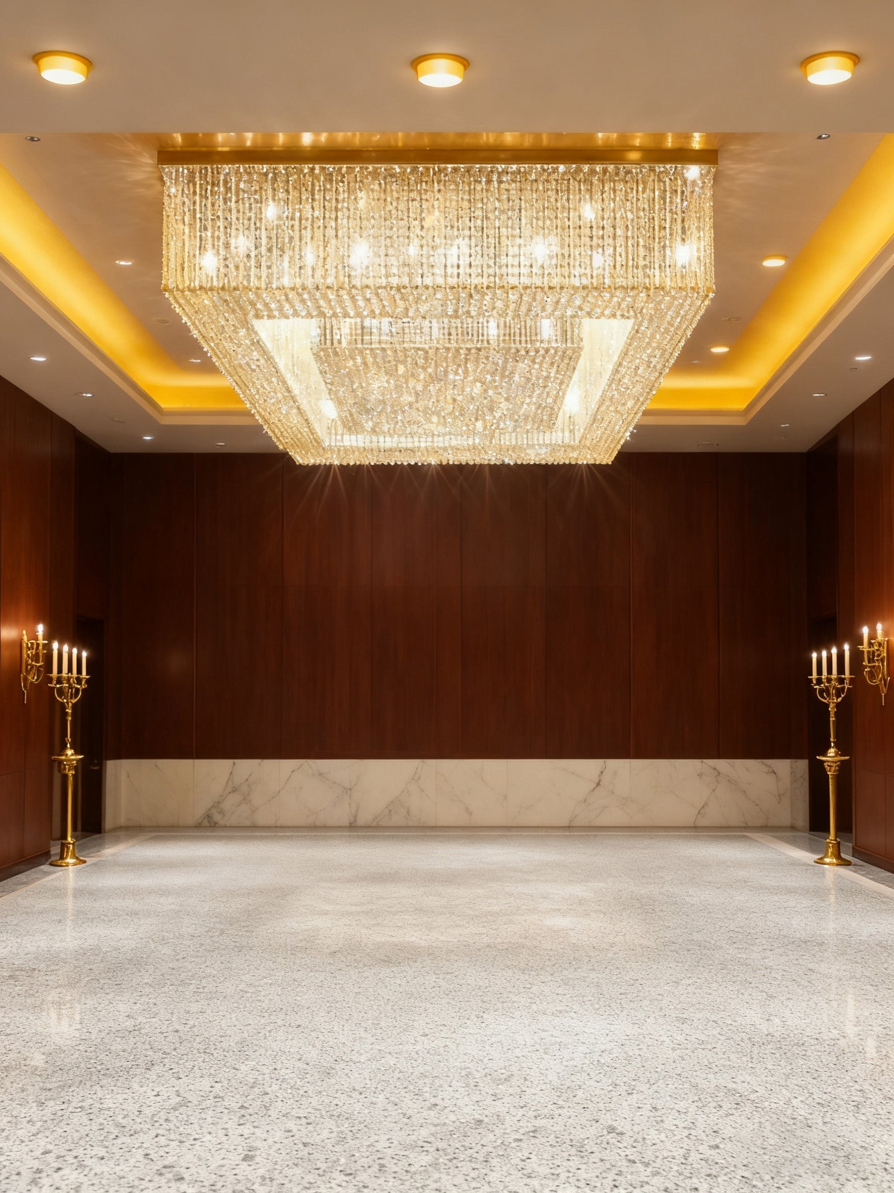 Custom Made Huge Rectangle Flush Mounted Gold Crystal Chandelier for Low Ceiling