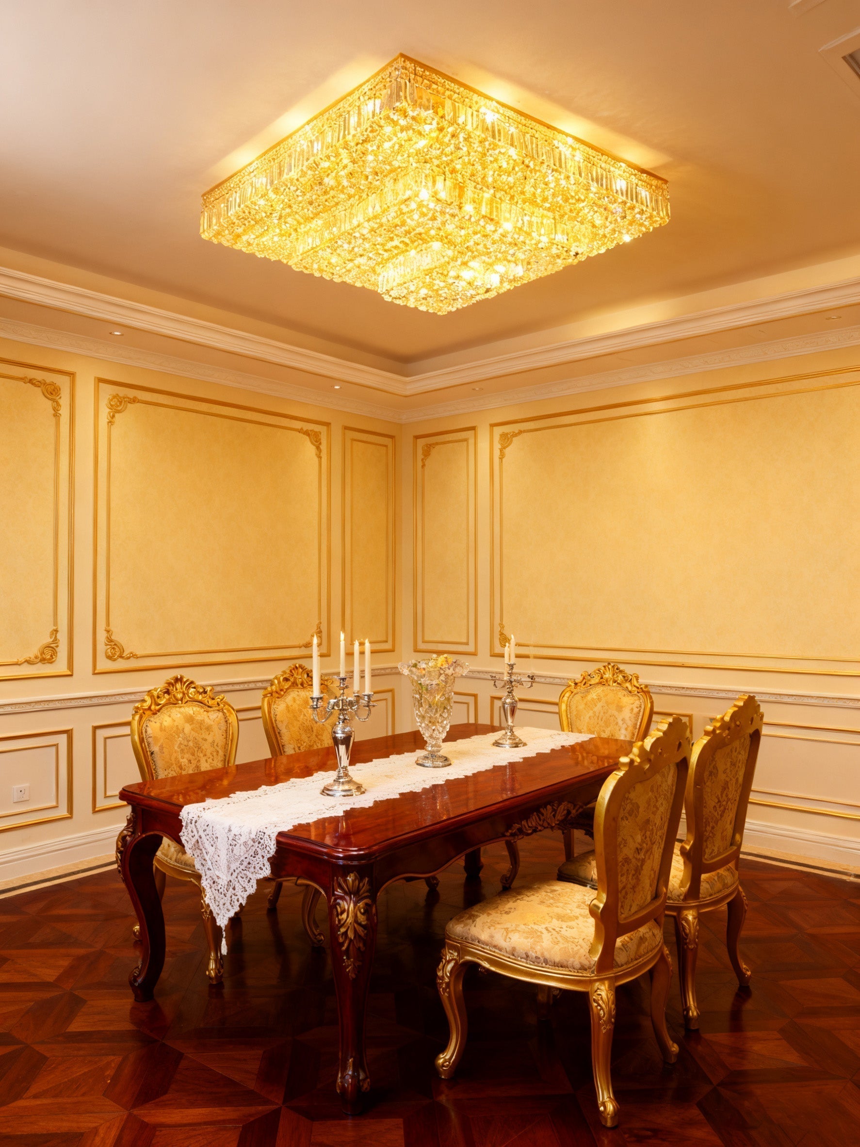47 Inch 3 Tiers Big Square Flush Mounted Chandelier Gold Crystal Chandelier