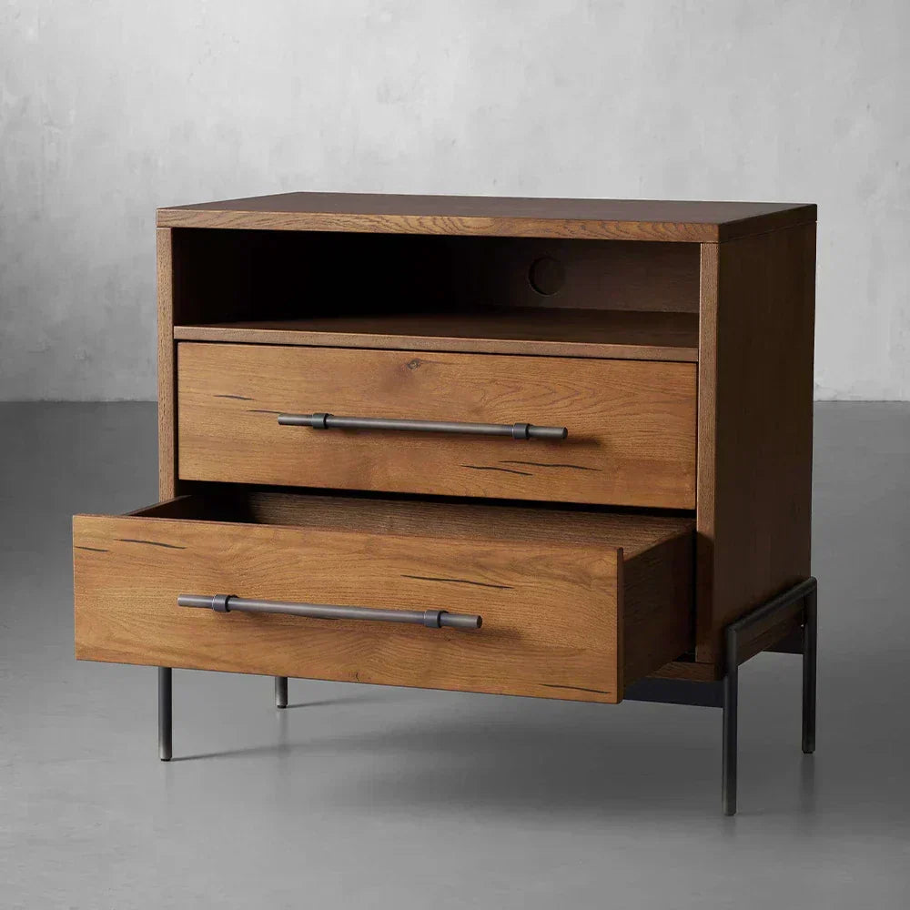 Sullivan Closed Solid Oak Wood Nightstand Rustic Night side table with Two Drawers
