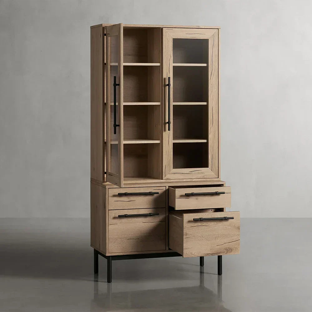 Sullivan Glass-Door Bookcase Wood Display Cabinets with File Drawer Base