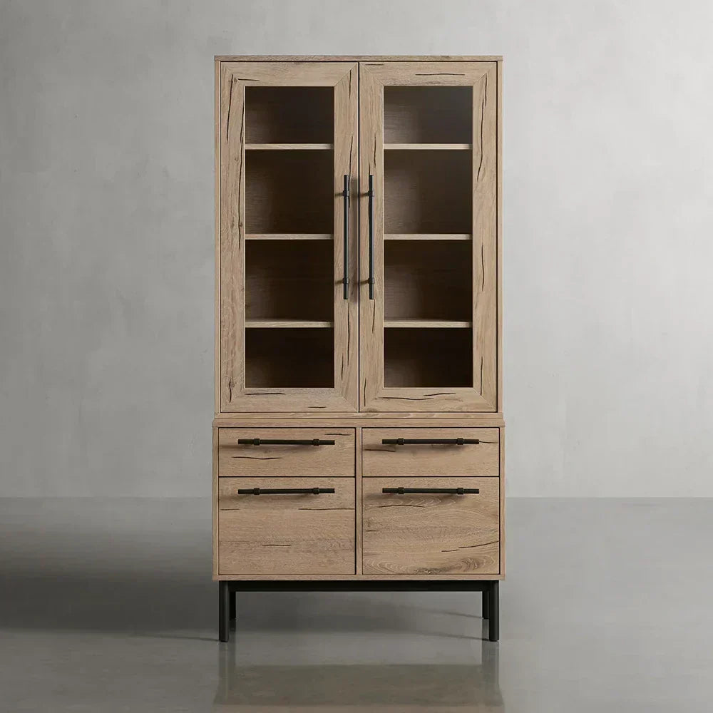 Sullivan Glass-Door Bookcase Wood Display Cabinets with File Drawer Base