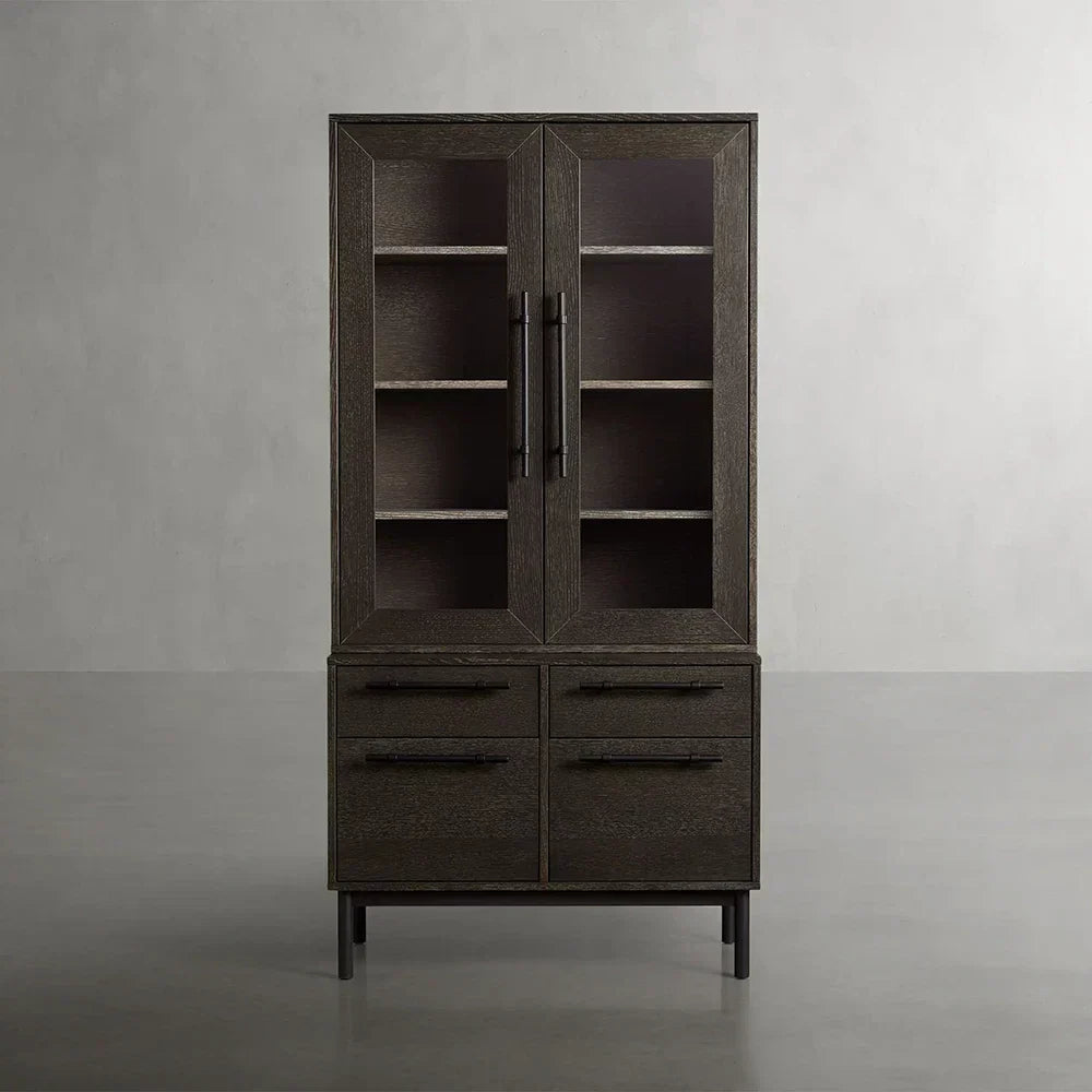 Sullivan Glass-Door Bookcase Wood Display Cabinets with File Drawer Base