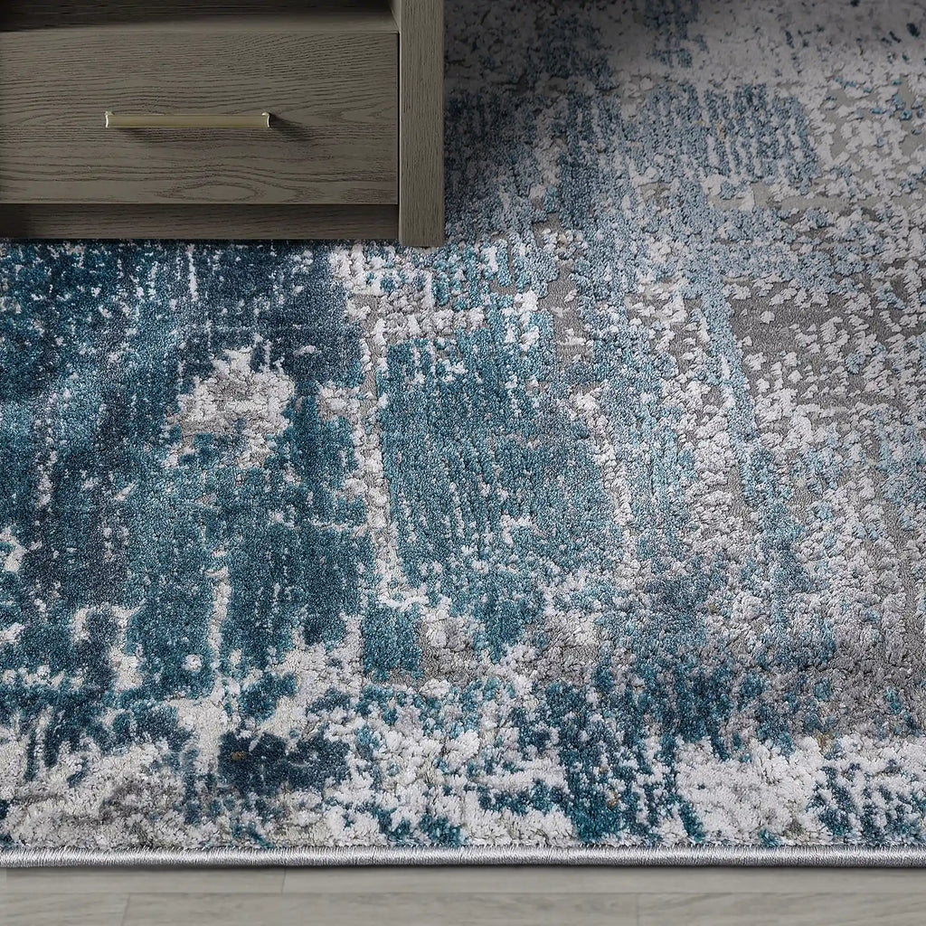 Torino Layered Brushfield Blue Grey Area Rug Retro & Relaxed Feel Carpet Modern Vintage Distressed Style