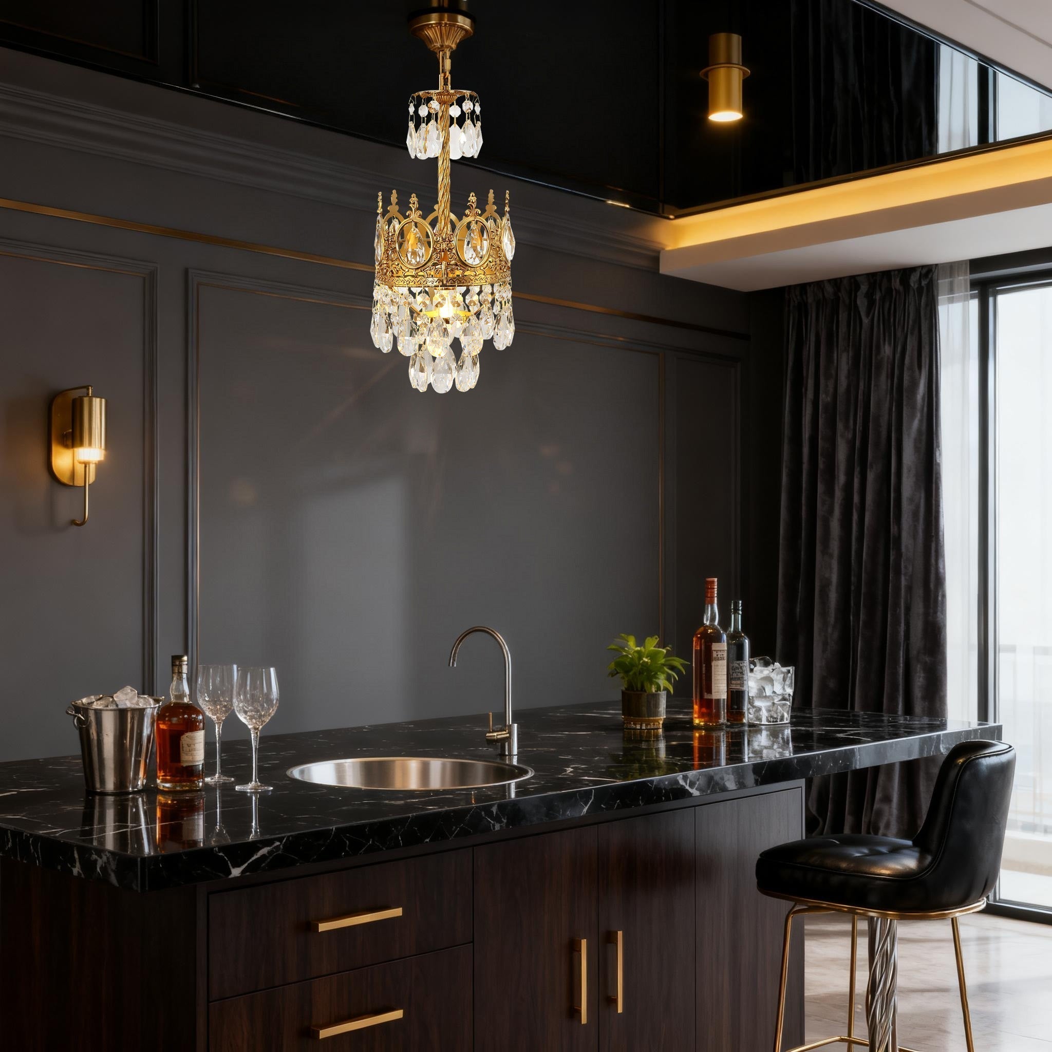 6 Inch Mini Crystal Pendant Light for Kitchen Island Empire Style Brass Crystal Chandelier